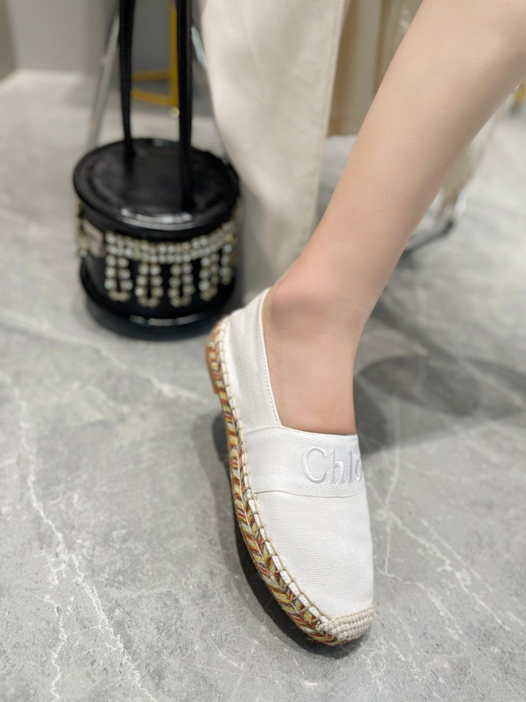 LOAFERS IN WHITE FABRIC AND RAFFIA
