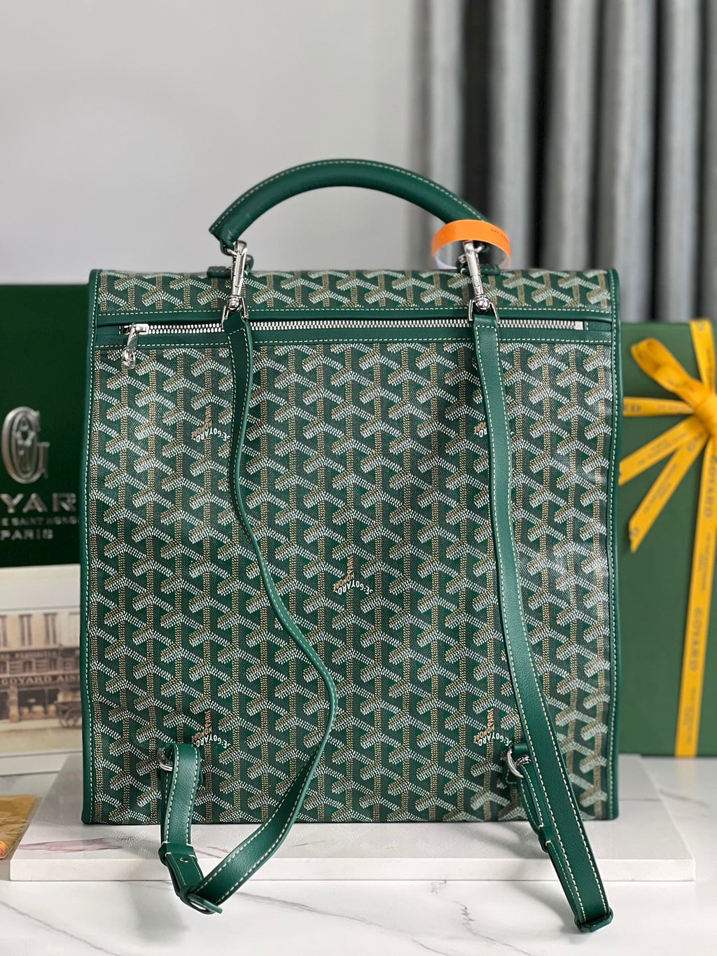 GOYARD SAINT LÉGER BACKPACK 35 IN GREEN GOYARDINE CANVAS AND CALFSKIN WITH CARTOON PATCH