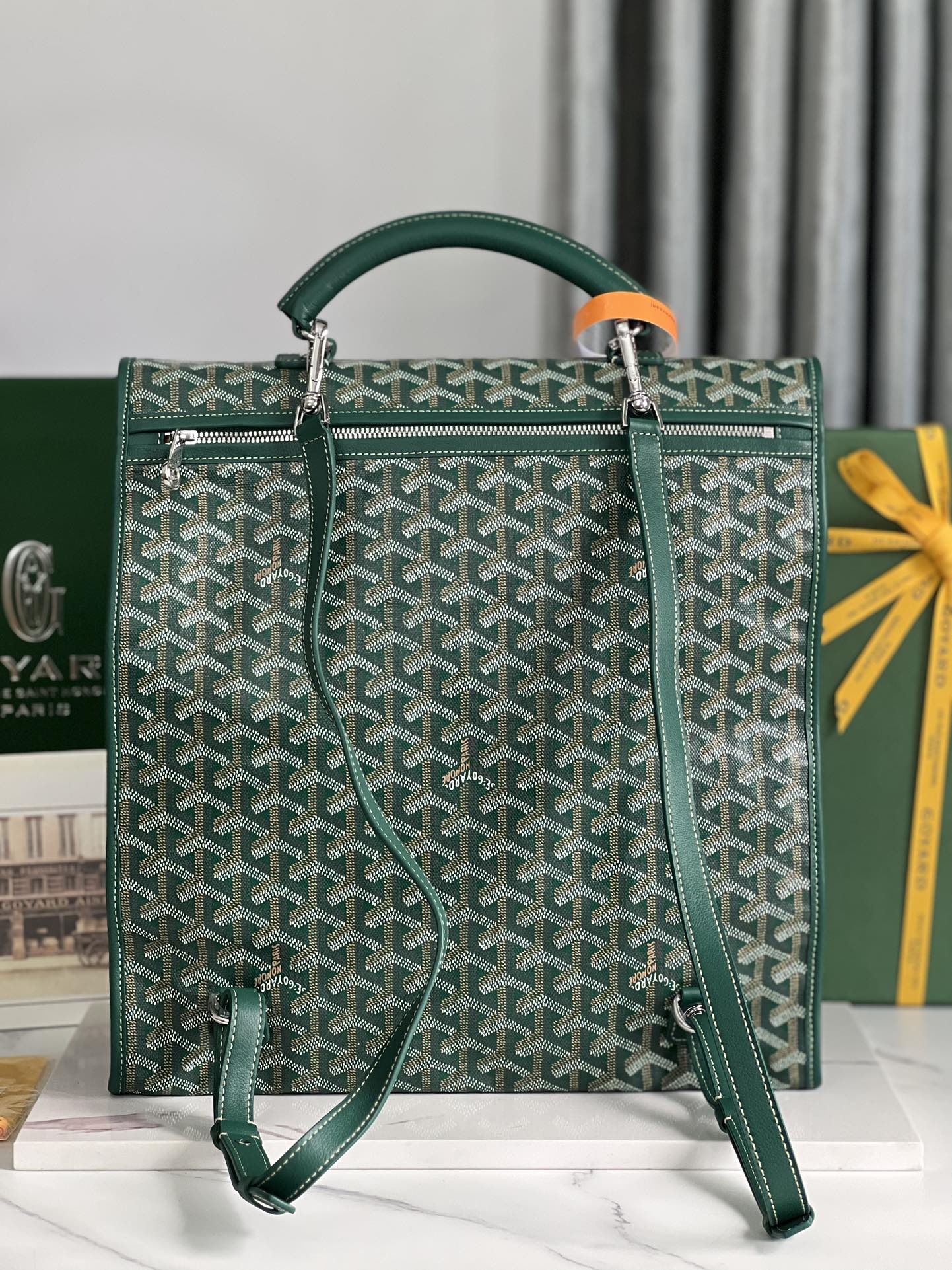 GOYARD SAINT LÉGER BACKPACK 35 IN GREEN GOYARDINE CANVAS AND CALFSKIN WITH CARTOON PATCH