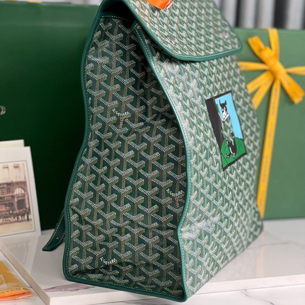 GOYARD SAINT LÉGER BACKPACK 35 IN GREEN GOYARDINE CANVAS AND CALFSKIN WITH CARTOON PATCH