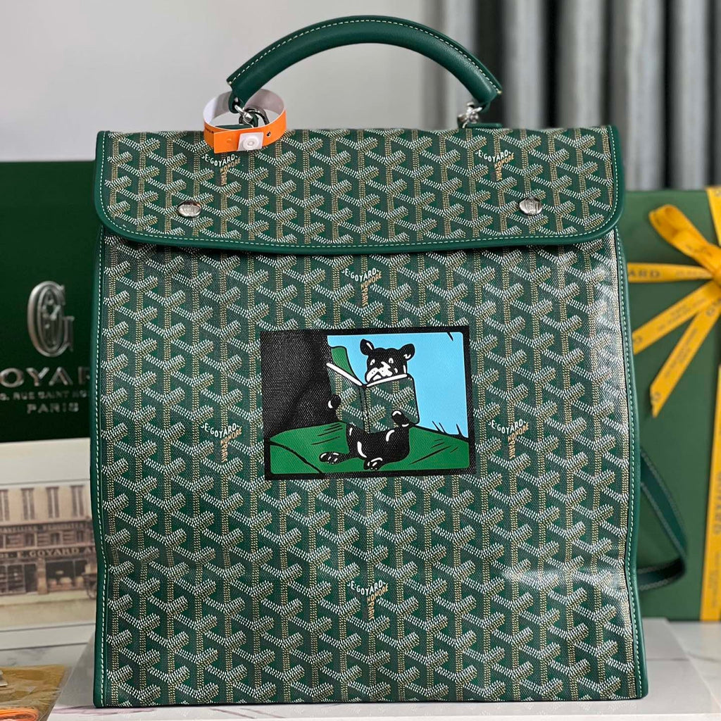 GOYARD SAINT LÉGER BACKPACK 35 IN GREEN GOYARDINE CANVAS AND CALFSKIN WITH CARTOON PATCH