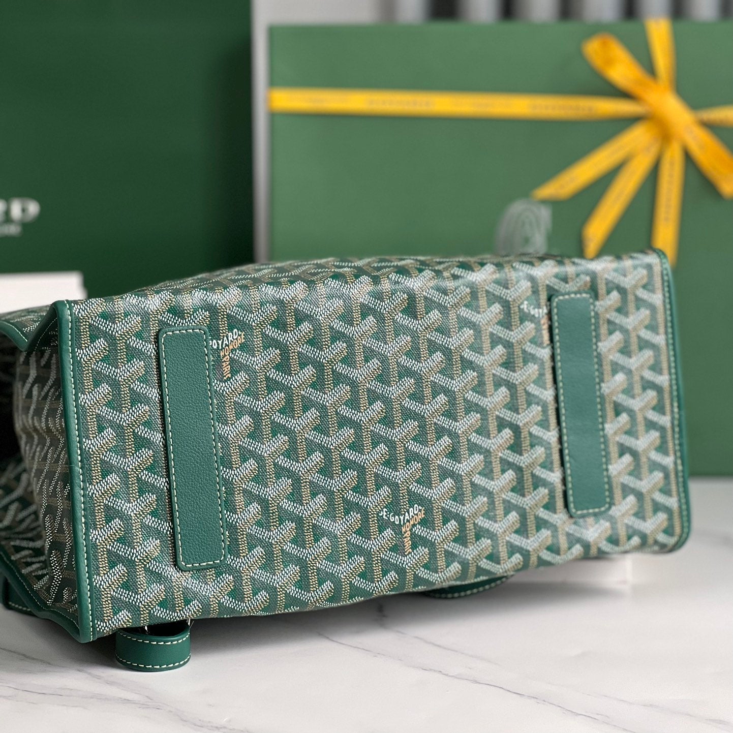 GOYARD SAINT LÉGER BACKPACK 35 IN GREEN GOYARDINE CANVAS AND CALFSKIN WITH CARTOON PATCH