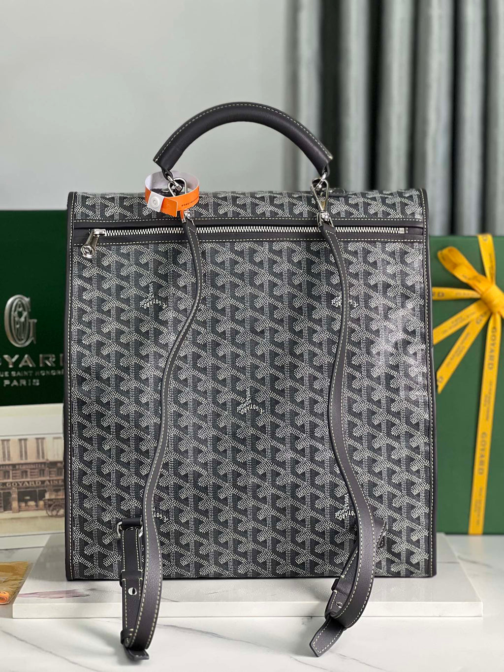 GOYARD SAINT LÉGER BACKPACK 35 IN BLACK GOYARDINE CANVAS AND CALFSKIN WITH CARTOON PATCH