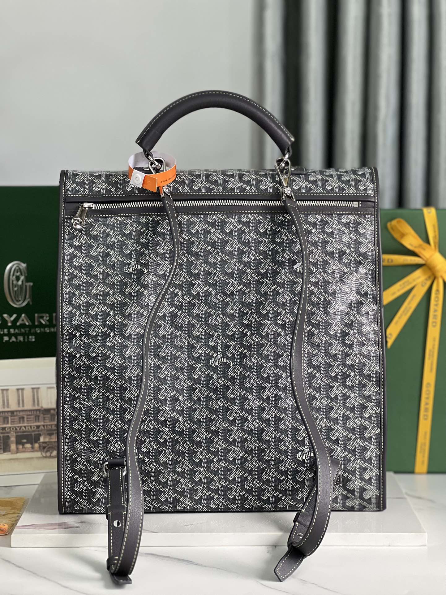 GOYARD SAINT LÉGER BACKPACK 35 IN BLACK GOYARDINE CANVAS AND CALFSKIN WITH CARTOON PATCH