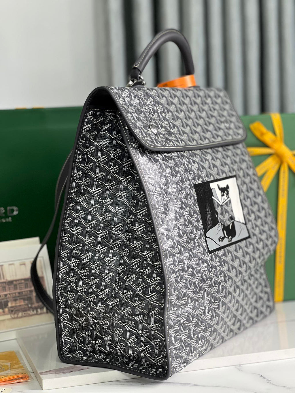 GOYARD SAINT LÉGER BACKPACK 35 IN BLACK GOYARDINE CANVAS AND CALFSKIN WITH CARTOON PATCH
