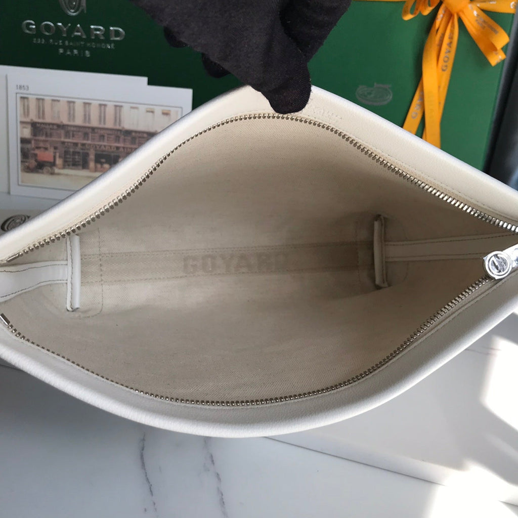 GOYARD CONTI POUCH 24 IN WHITE LAMBSKIN AND GOYARDINE CANVAS