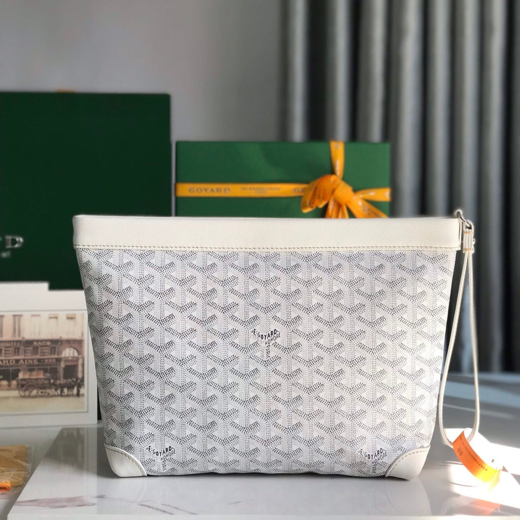 GOYARD CONTI POUCH 24 IN WHITE LAMBSKIN AND GOYARDINE CANVAS