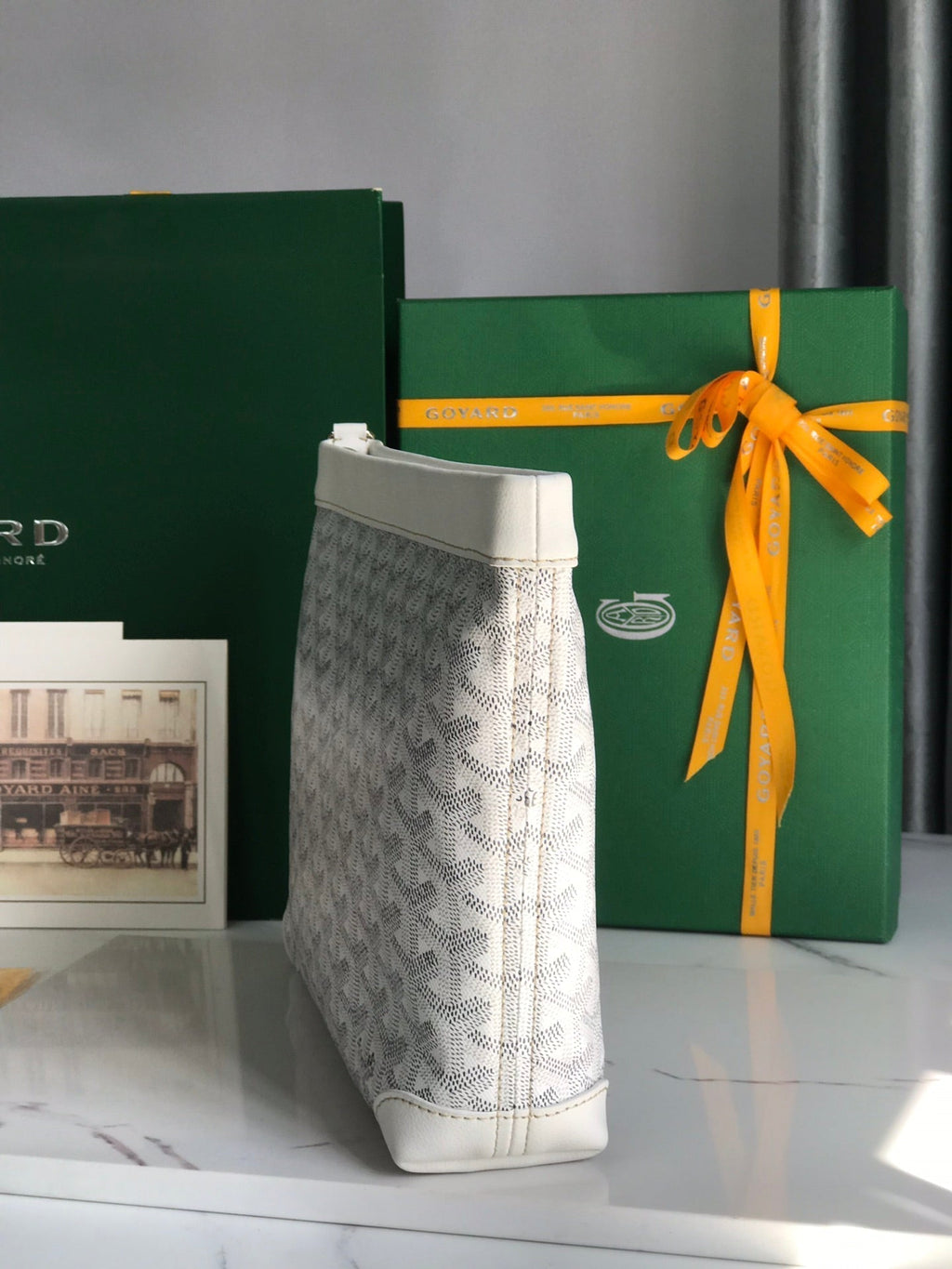 GOYARD CONTI POUCH 24 IN WHITE LAMBSKIN AND GOYARDINE CANVAS