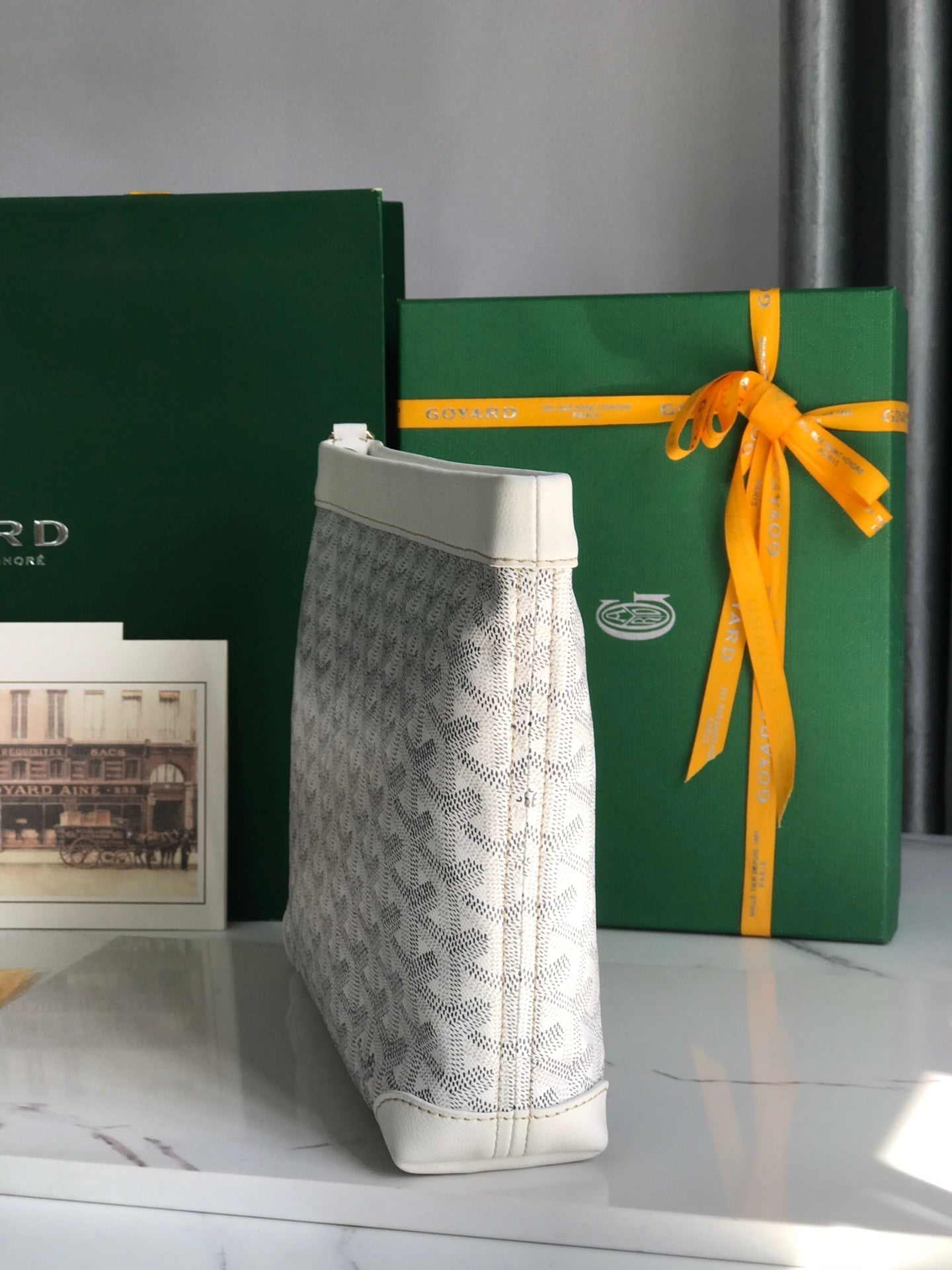 GOYARD CONTI POUCH 24 IN WHITE LAMBSKIN AND GOYARDINE CANVAS