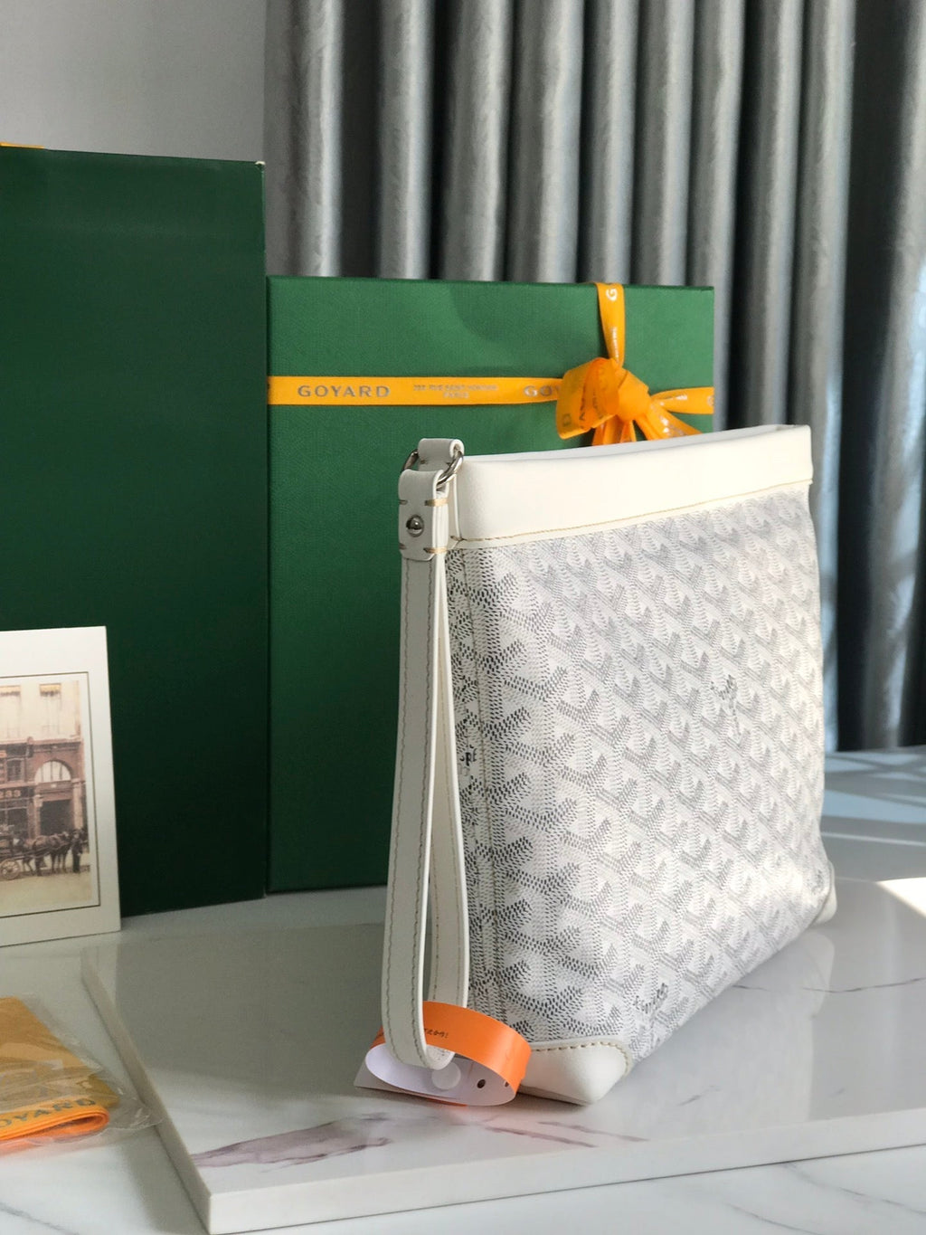GOYARD CONTI POUCH 24 IN WHITE LAMBSKIN AND GOYARDINE CANVAS