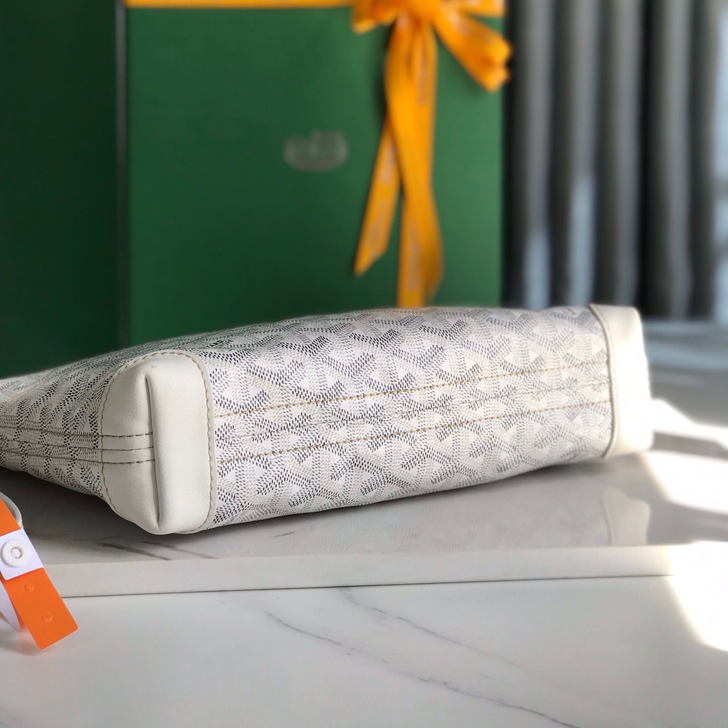 GOYARD CONTI POUCH 24 IN WHITE LAMBSKIN AND GOYARDINE CANVAS