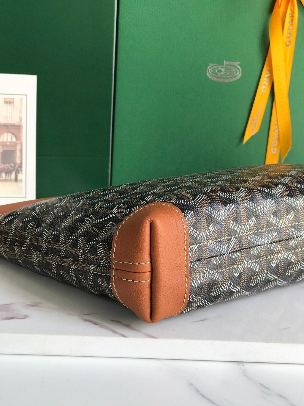 GOYARD CONTI POUCH 24 IN TAN LAMBSKIN AND BLACK GOYARDINE CANVAS