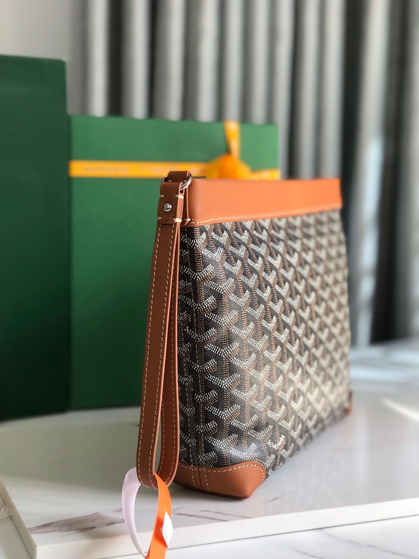 GOYARD CONTI POUCH 24 IN TAN LAMBSKIN AND BLACK GOYARDINE CANVAS