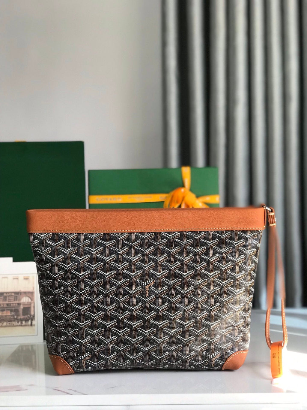 GOYARD CONTI POUCH 24 IN TAN LAMBSKIN AND BLACK GOYARDINE CANVAS