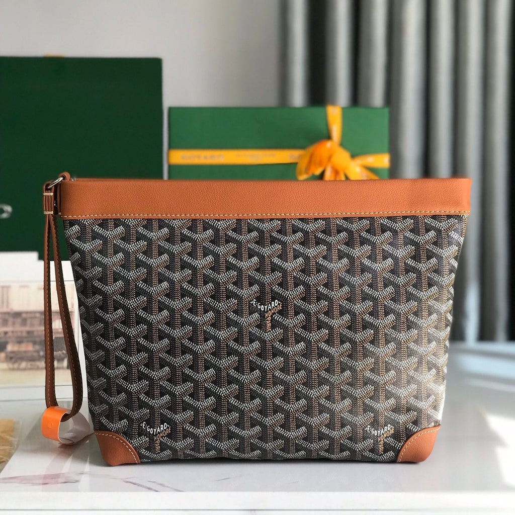 GOYARD CONTI POUCH 24 IN TAN LAMBSKIN AND BLACK GOYARDINE CANVAS