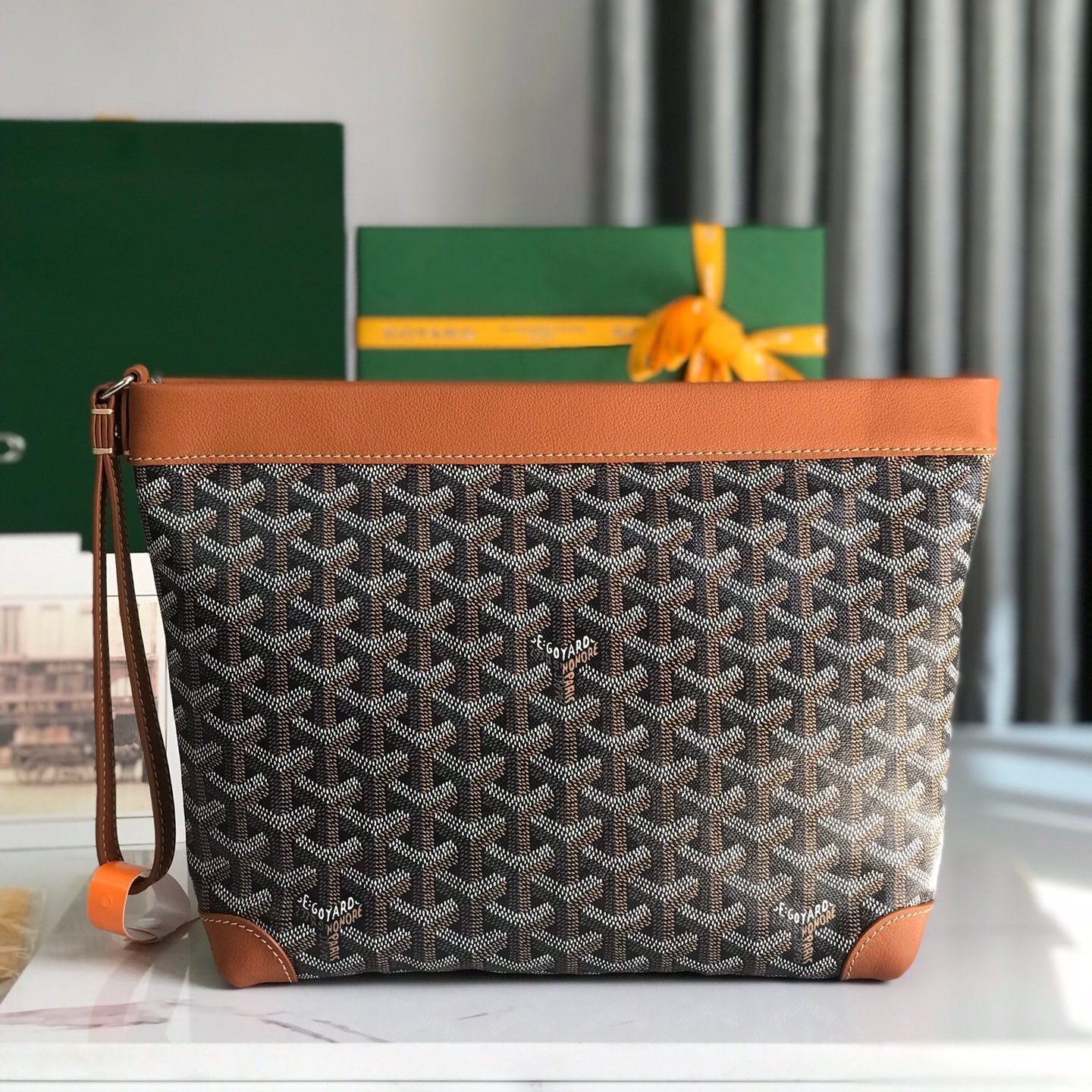 GOYARD CONTI POUCH 24 IN TAN LAMBSKIN AND BLACK GOYARDINE CANVAS