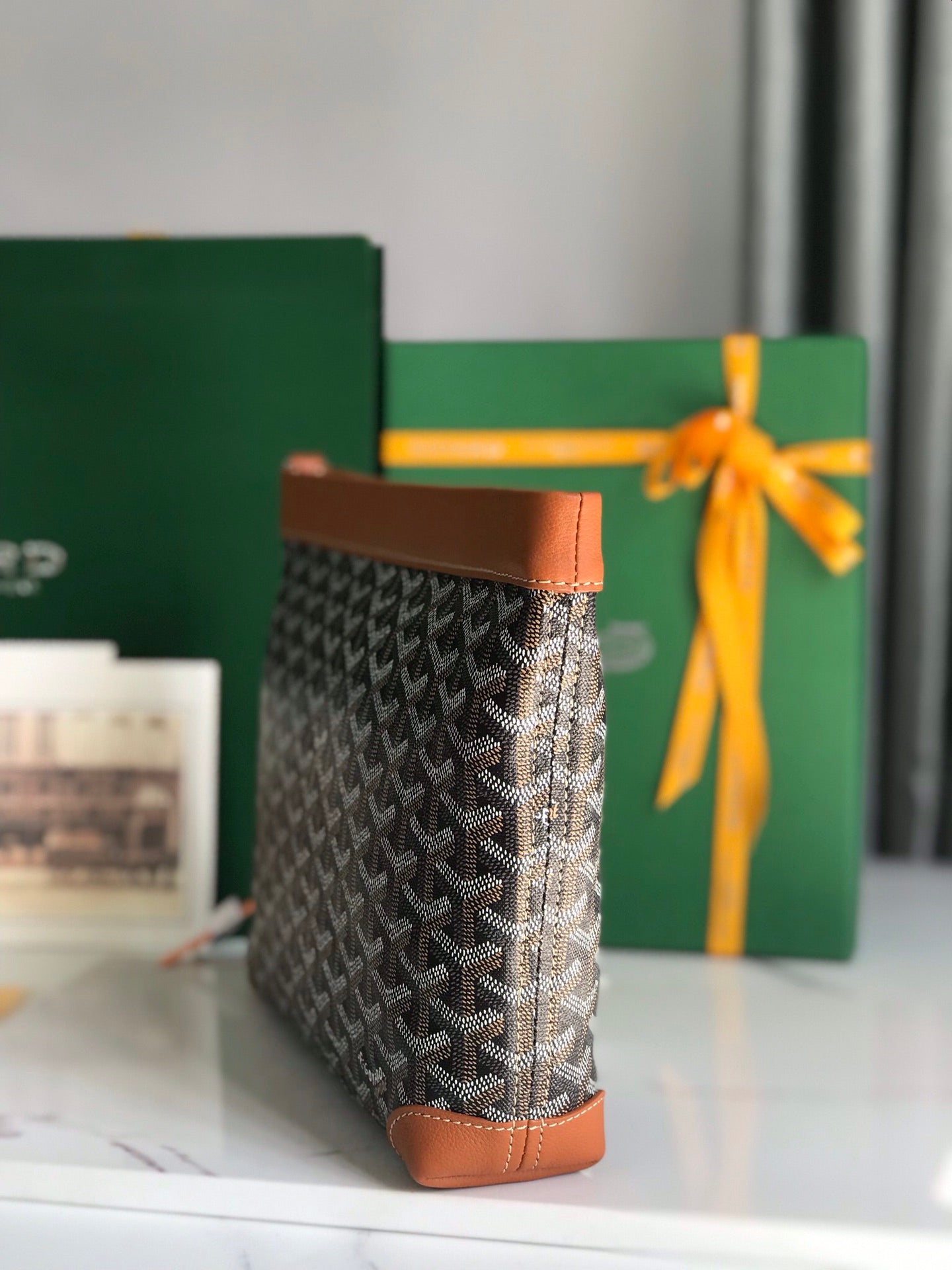 GOYARD CONTI POUCH 24 IN TAN LAMBSKIN AND BLACK GOYARDINE CANVAS