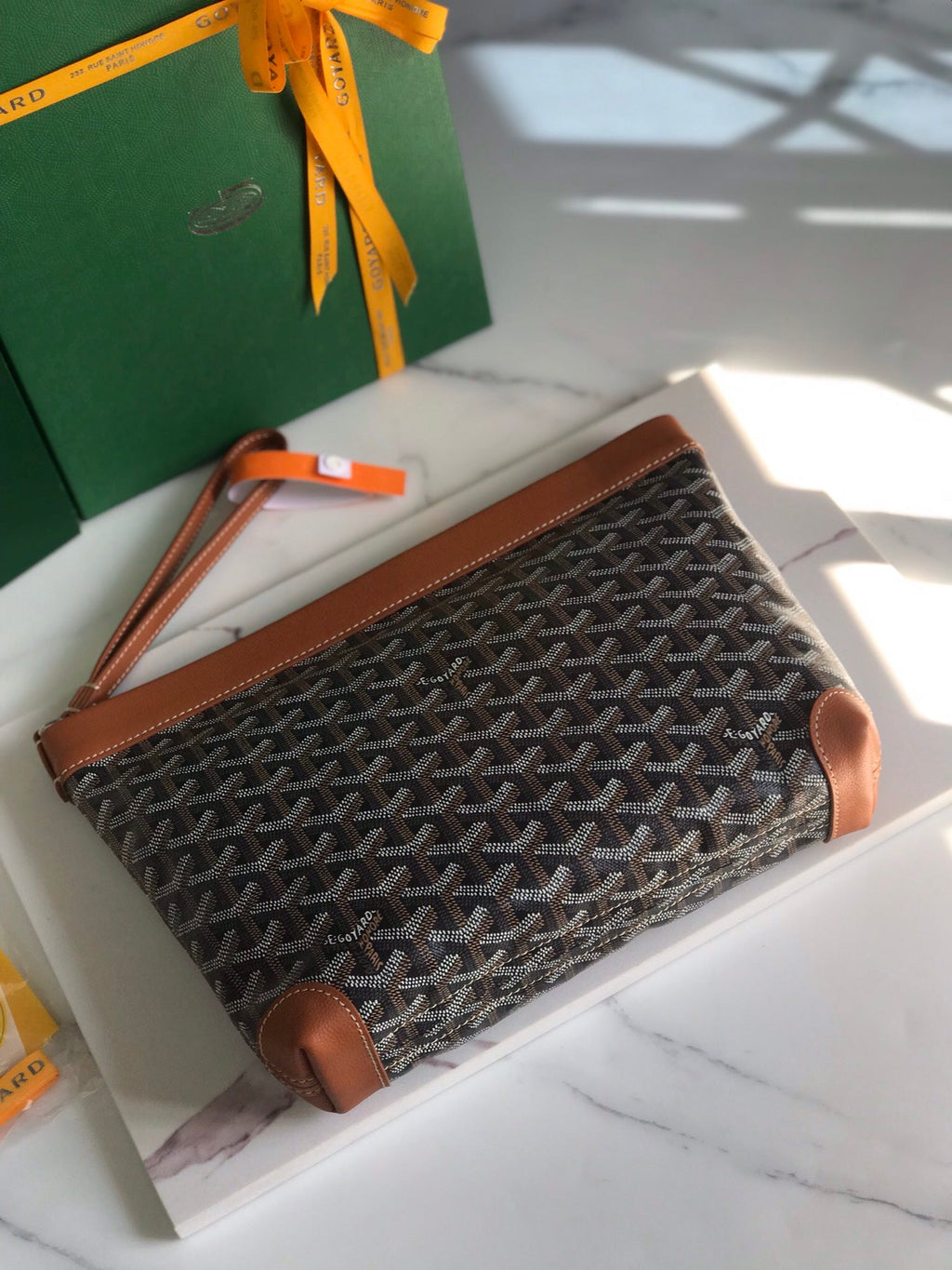 GOYARD CONTI POUCH 24 IN TAN LAMBSKIN AND BLACK GOYARDINE CANVAS