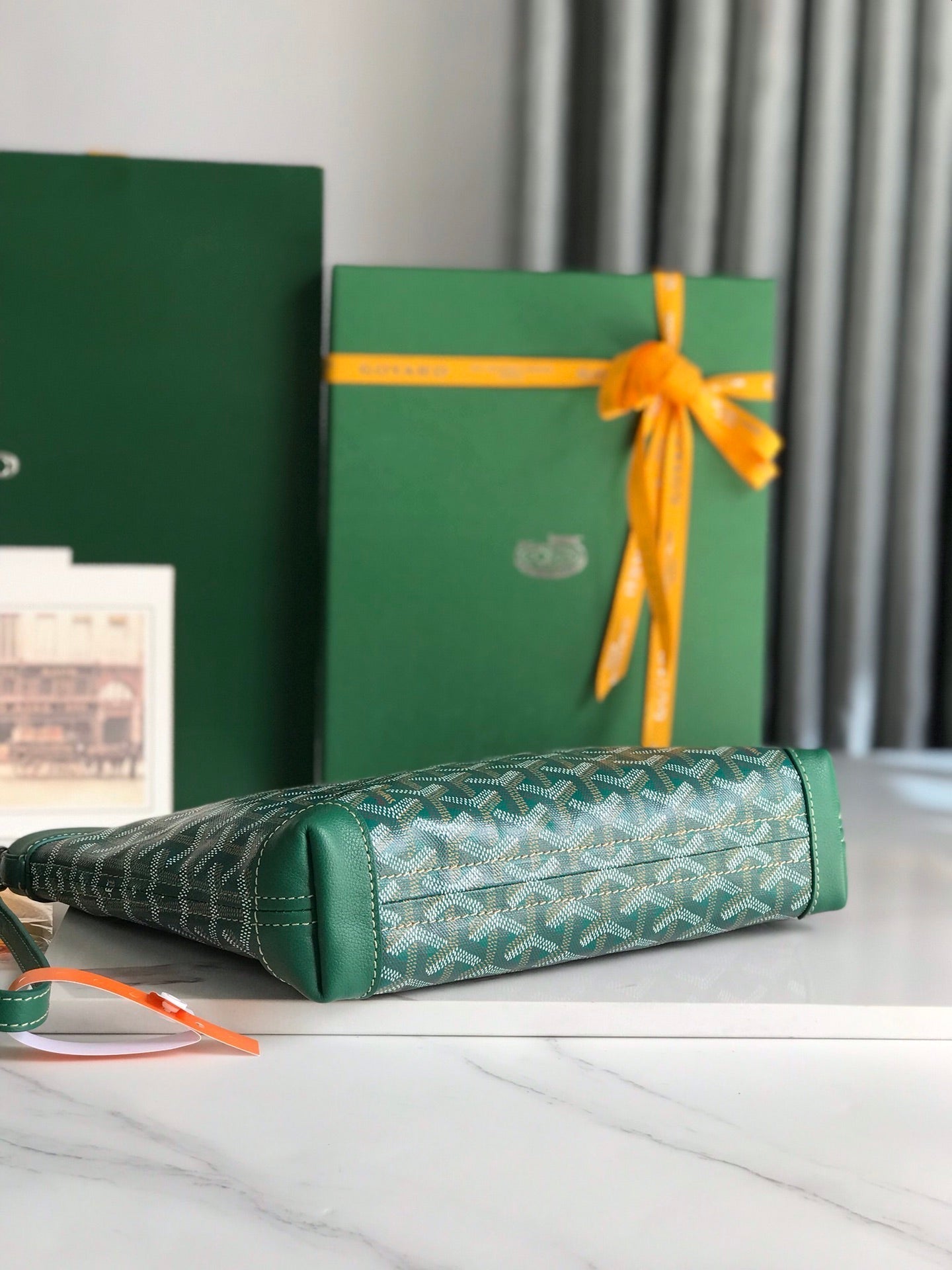 GOYARD CONTI POUCH 24 IN GREEN LAMBSKIN AND GOYARDINE CANVAS