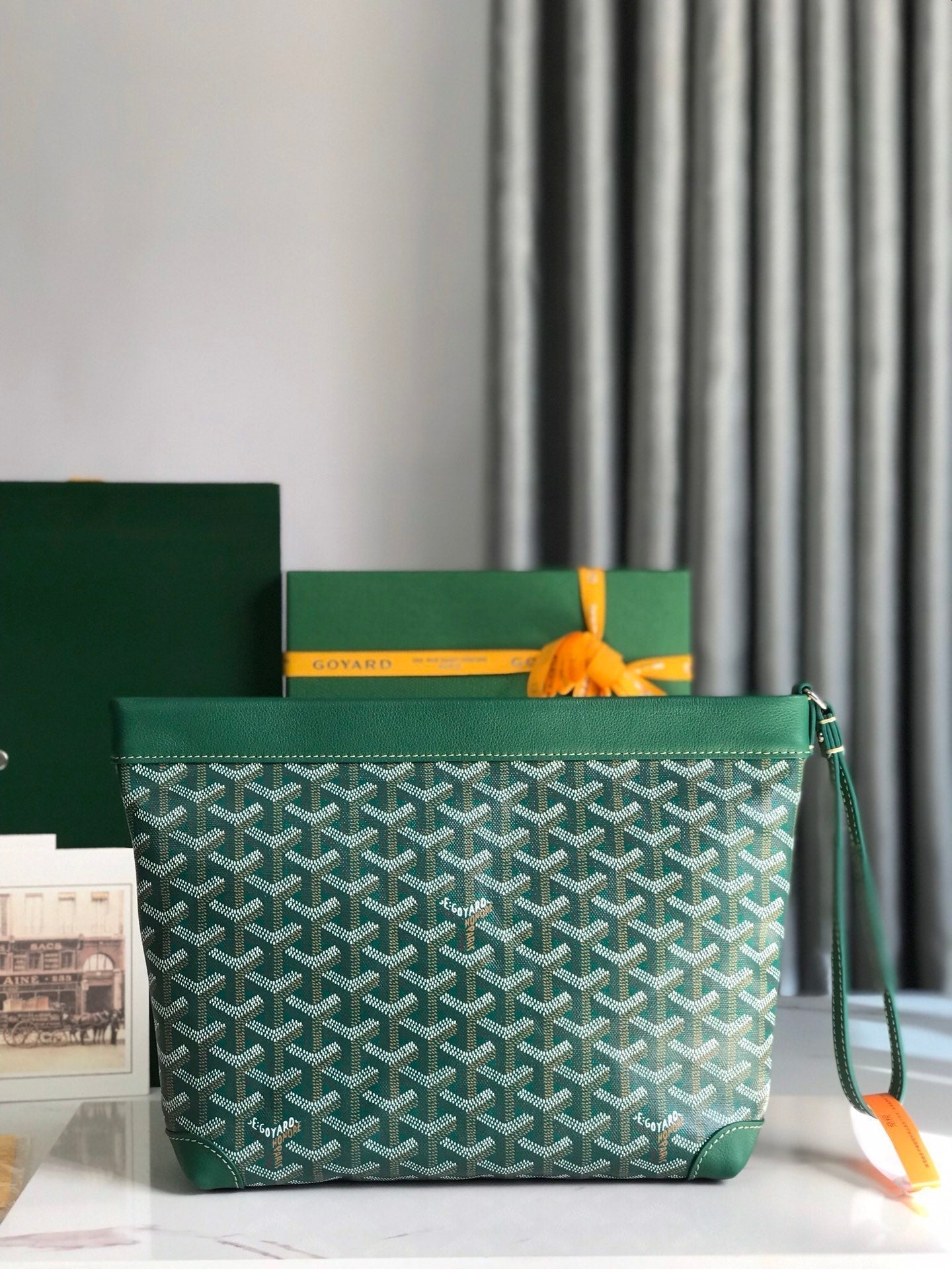 GOYARD CONTI POUCH 24 IN GREEN LAMBSKIN AND GOYARDINE CANVAS