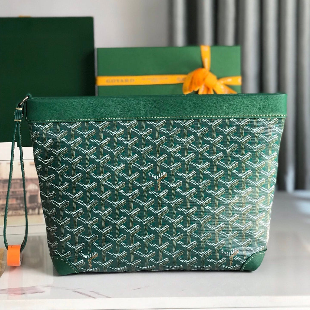GOYARD CONTI POUCH 24 IN GREEN LAMBSKIN AND GOYARDINE CANVAS