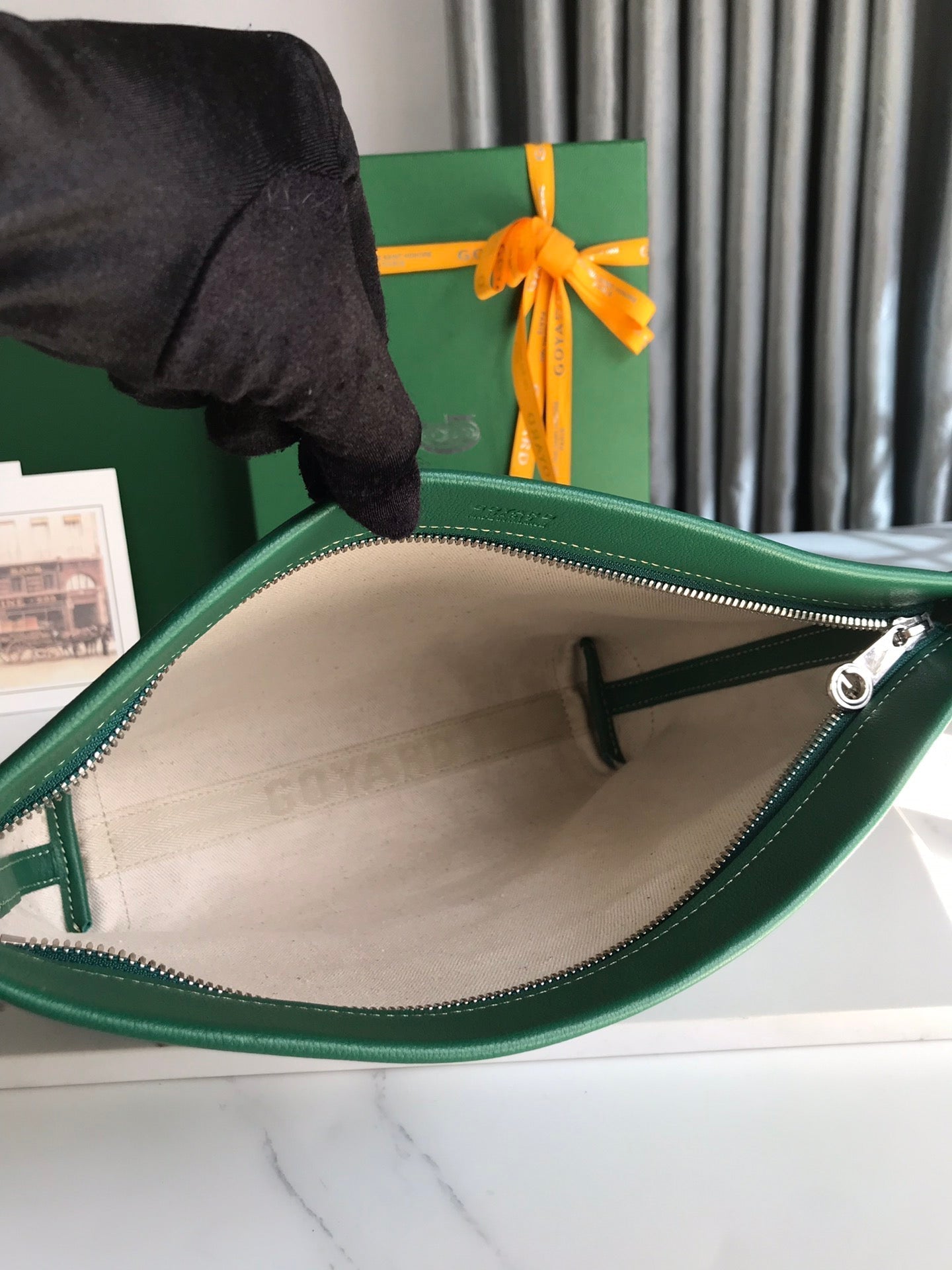 GOYARD CONTI POUCH 24 IN GREEN LAMBSKIN AND GOYARDINE CANVAS