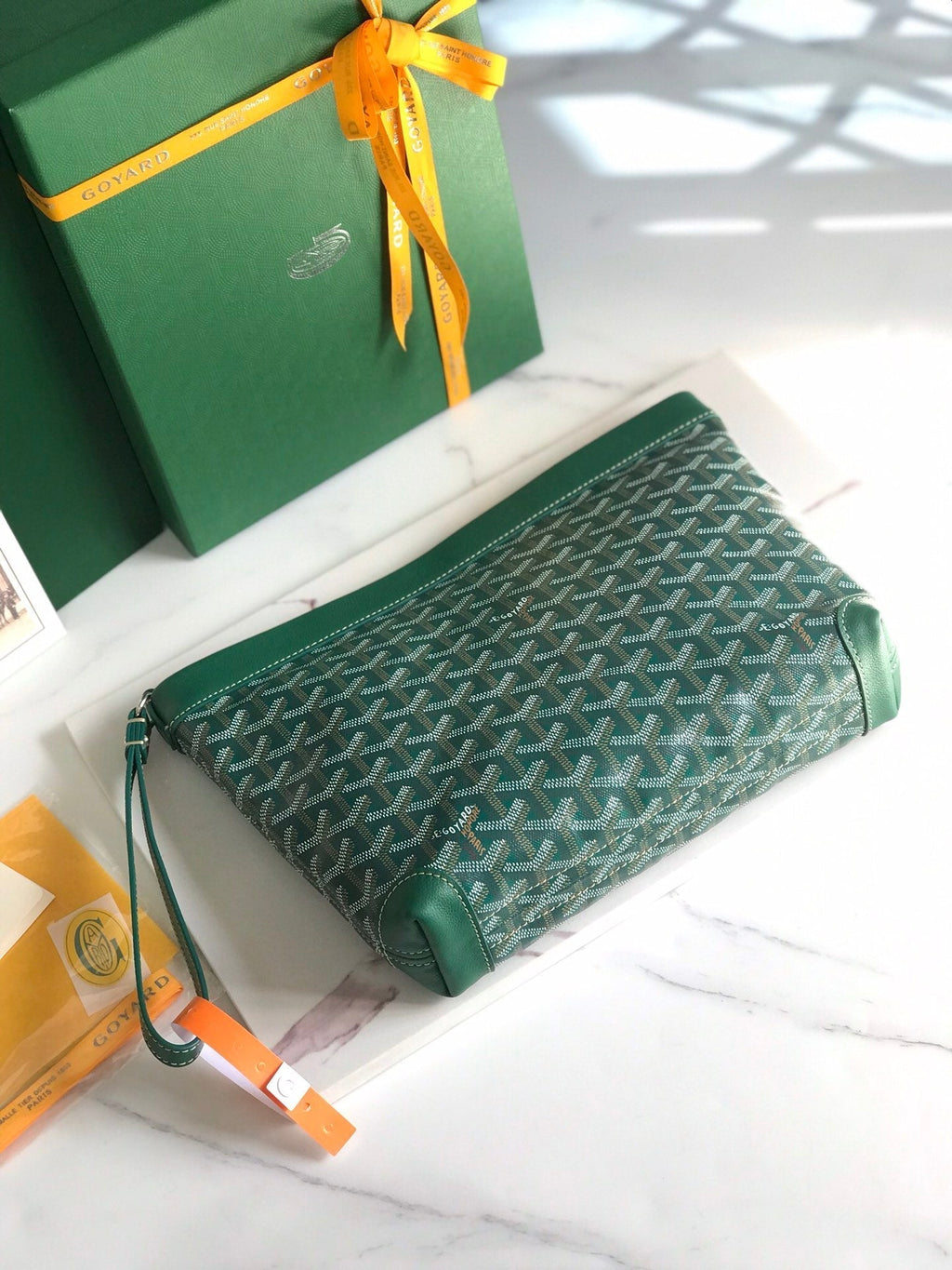 GOYARD CONTI POUCH 24 IN GREEN LAMBSKIN AND GOYARDINE CANVAS