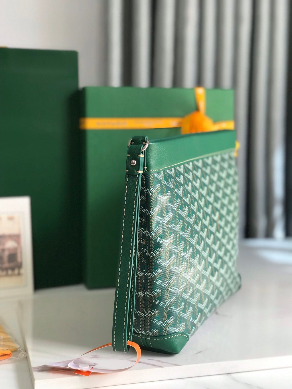 GOYARD CONTI POUCH 24 IN GREEN LAMBSKIN AND GOYARDINE CANVAS