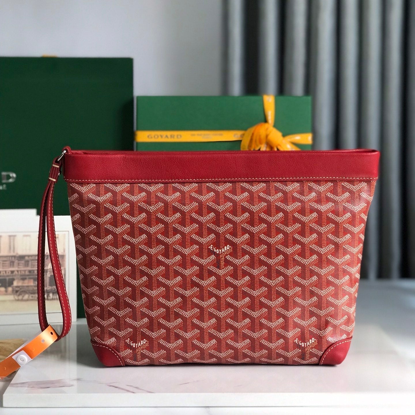 GOYARD CONTI POUCH 24 IN CLASSIC RED LAMBSKIN AND GOYARDINE CANVAS