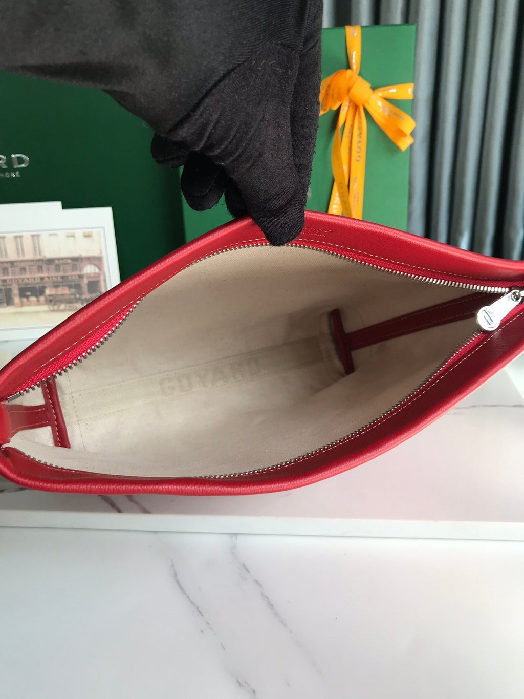 GOYARD CONTI POUCH 24 IN CLASSIC RED LAMBSKIN AND GOYARDINE CANVAS