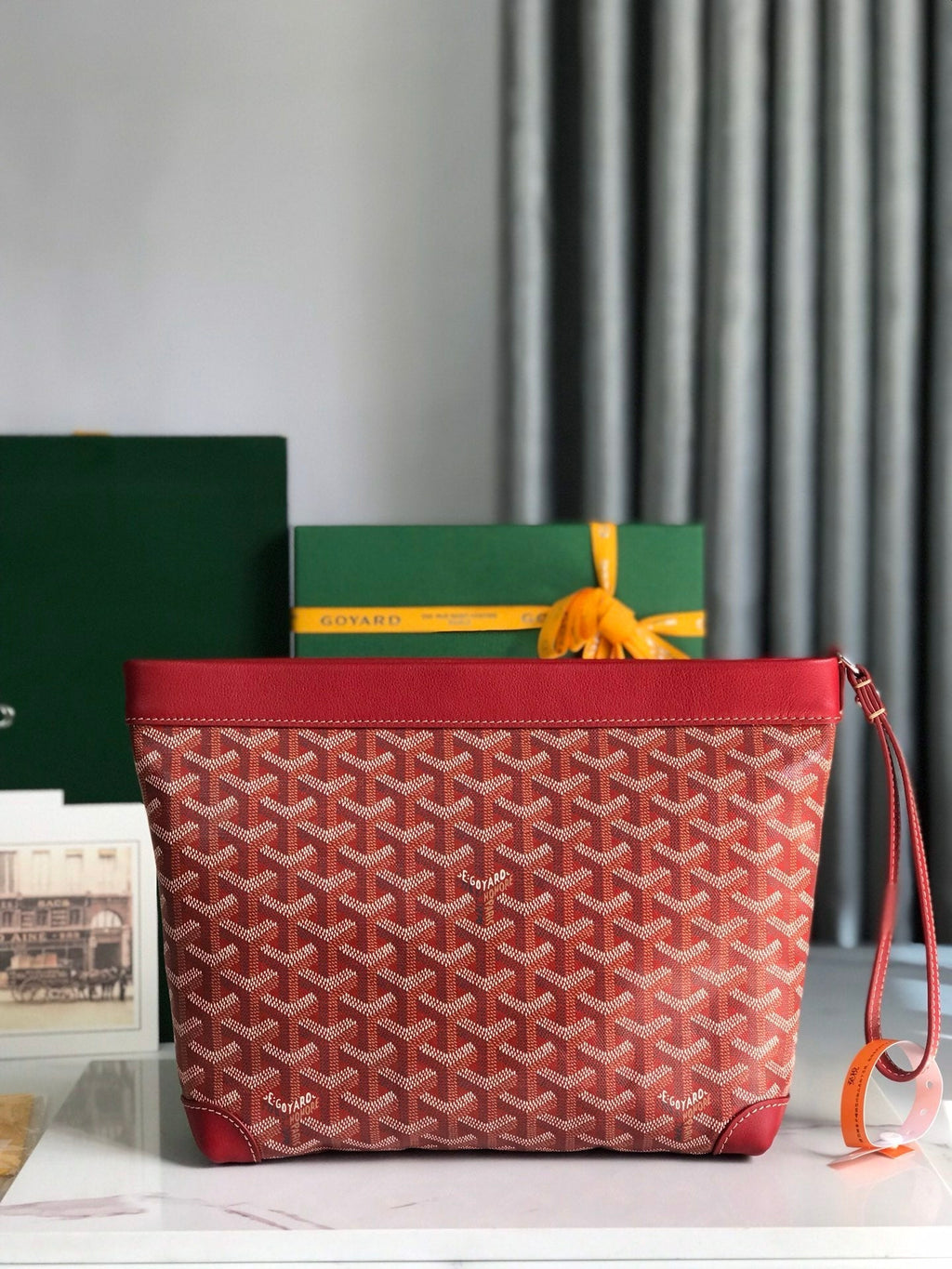 GOYARD CONTI POUCH 24 IN CLASSIC RED LAMBSKIN AND GOYARDINE CANVAS