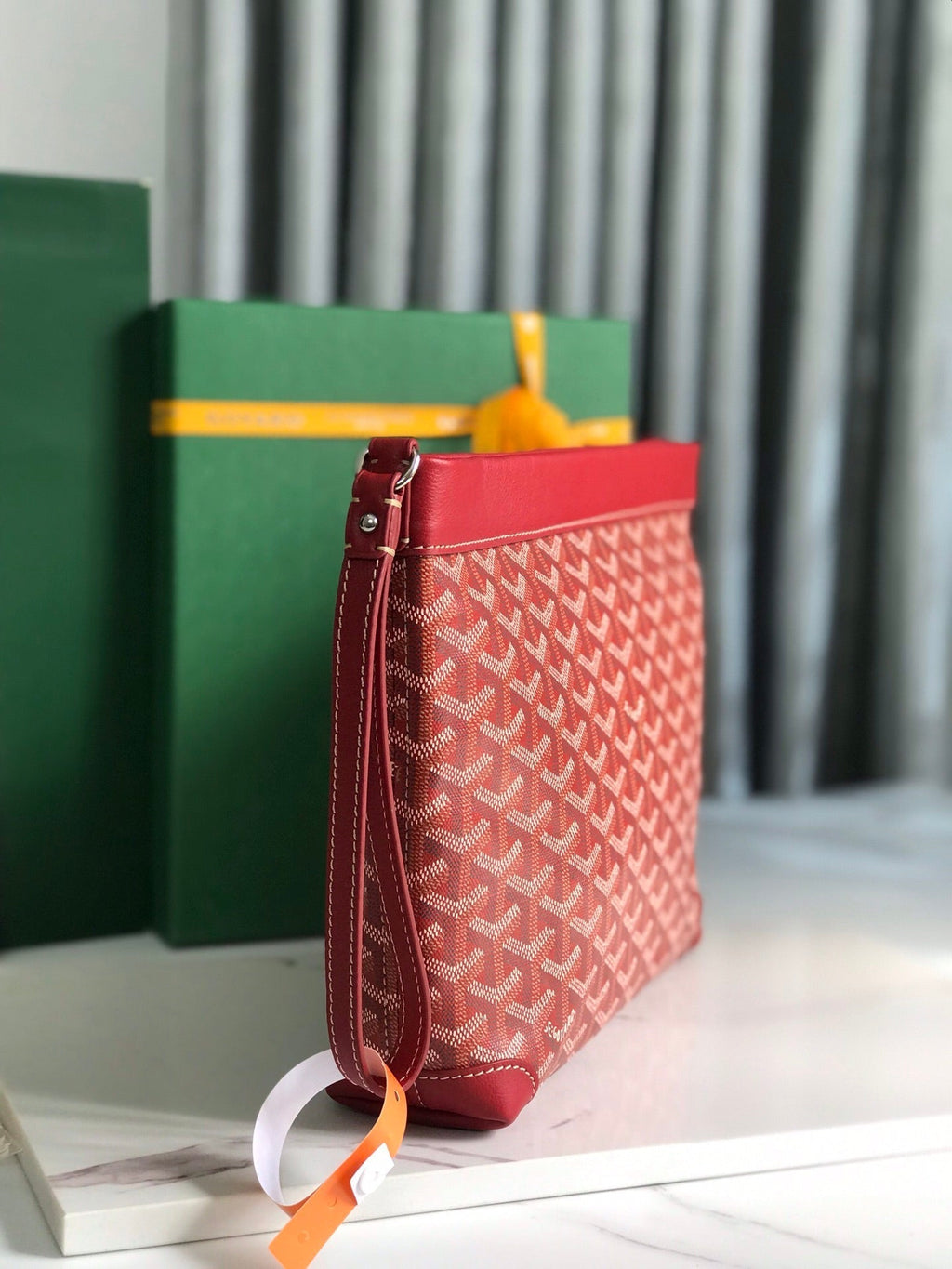 GOYARD CONTI POUCH 24 IN CLASSIC RED LAMBSKIN AND GOYARDINE CANVAS