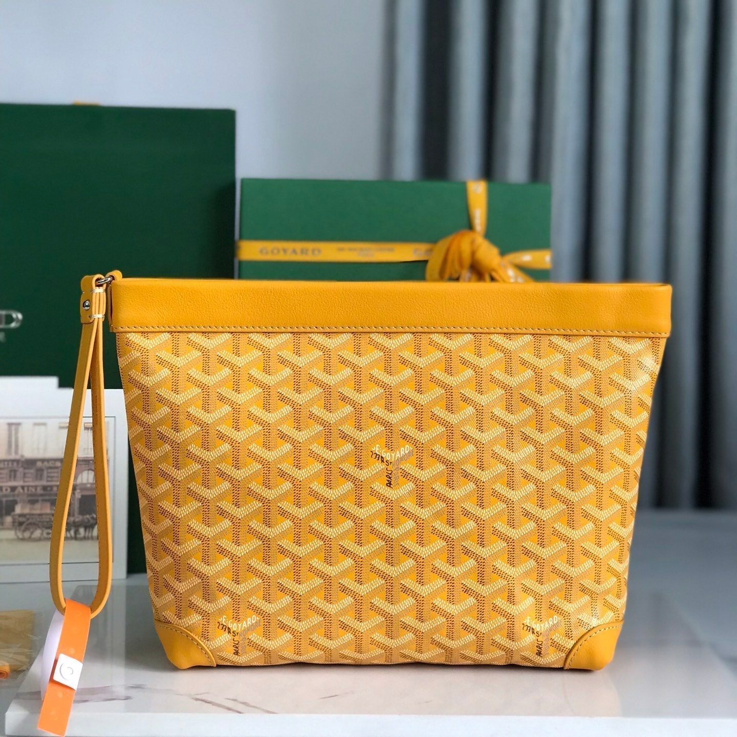GOYARD CONTI POUCH 24 IN YELLOW LAMBSKIN AND GOYARDINE CANVAS