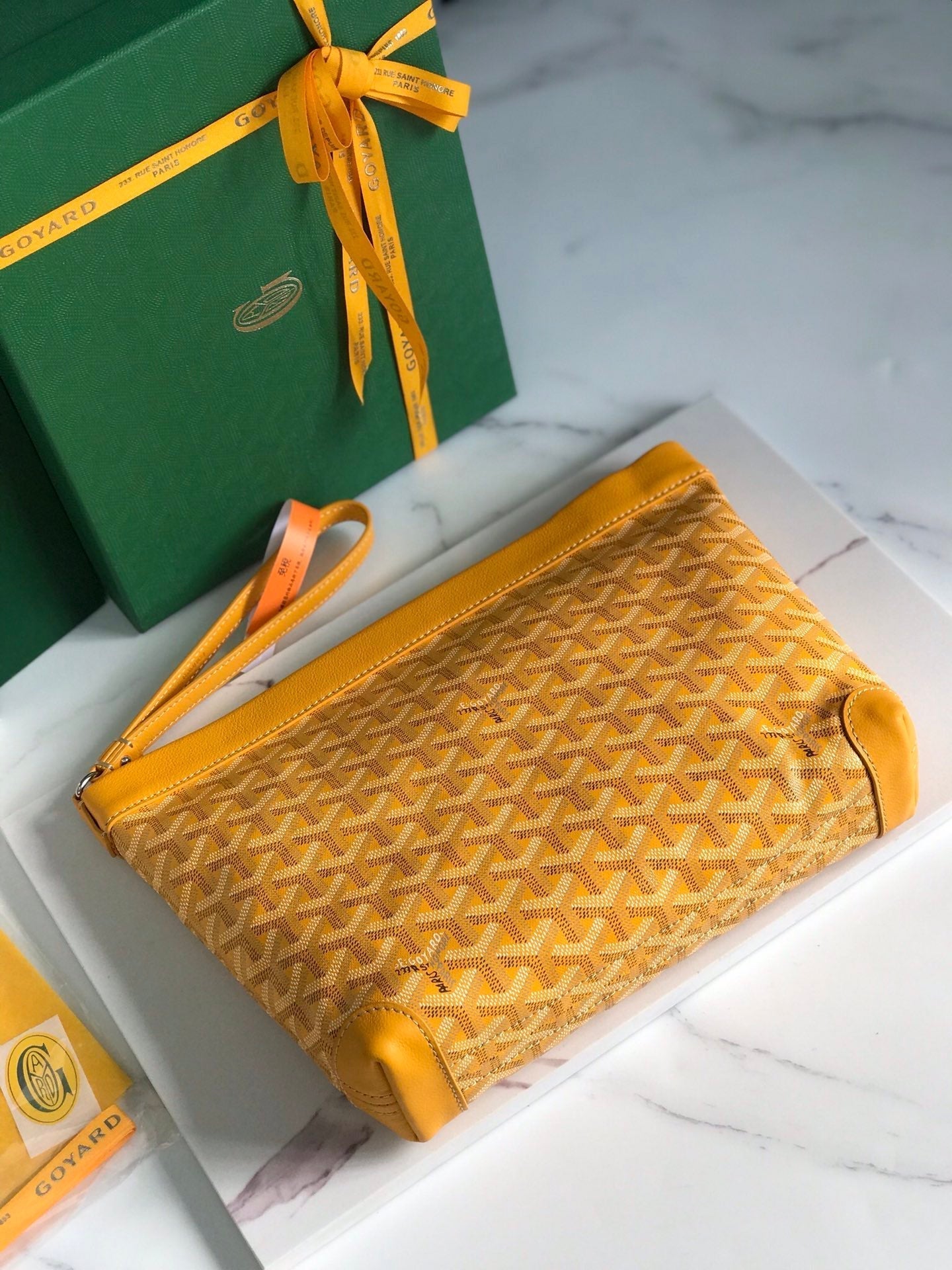GOYARD CONTI POUCH 24 IN YELLOW LAMBSKIN AND GOYARDINE CANVAS