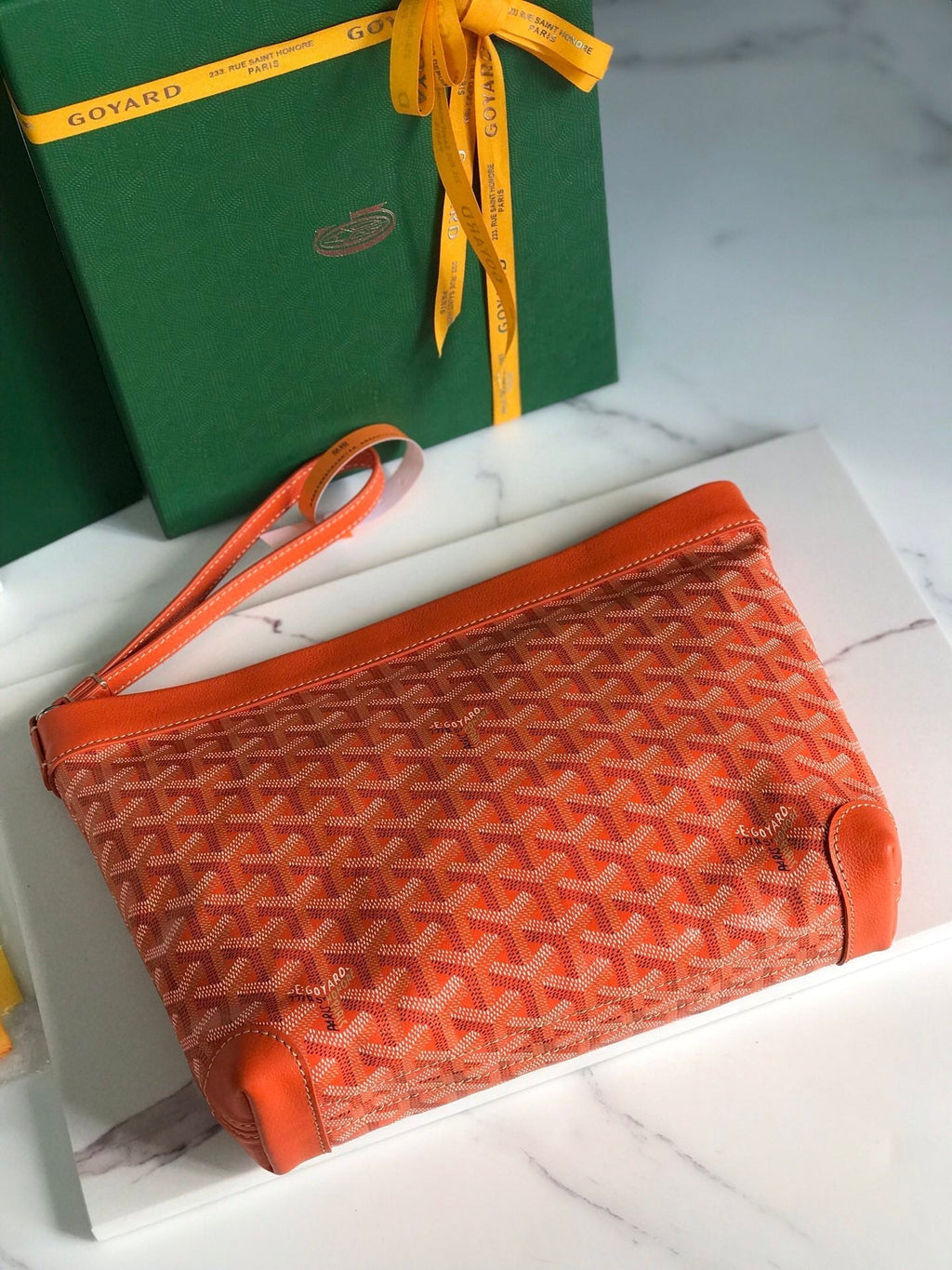 GOYARD CONTI POUCH 24 IN ORANGE LAMBSKIN AND GOYARDINE CANVAS