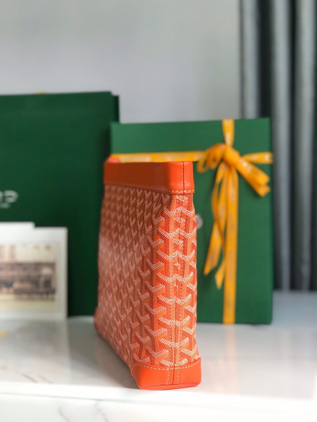 GOYARD CONTI POUCH 24 IN ORANGE LAMBSKIN AND GOYARDINE CANVAS