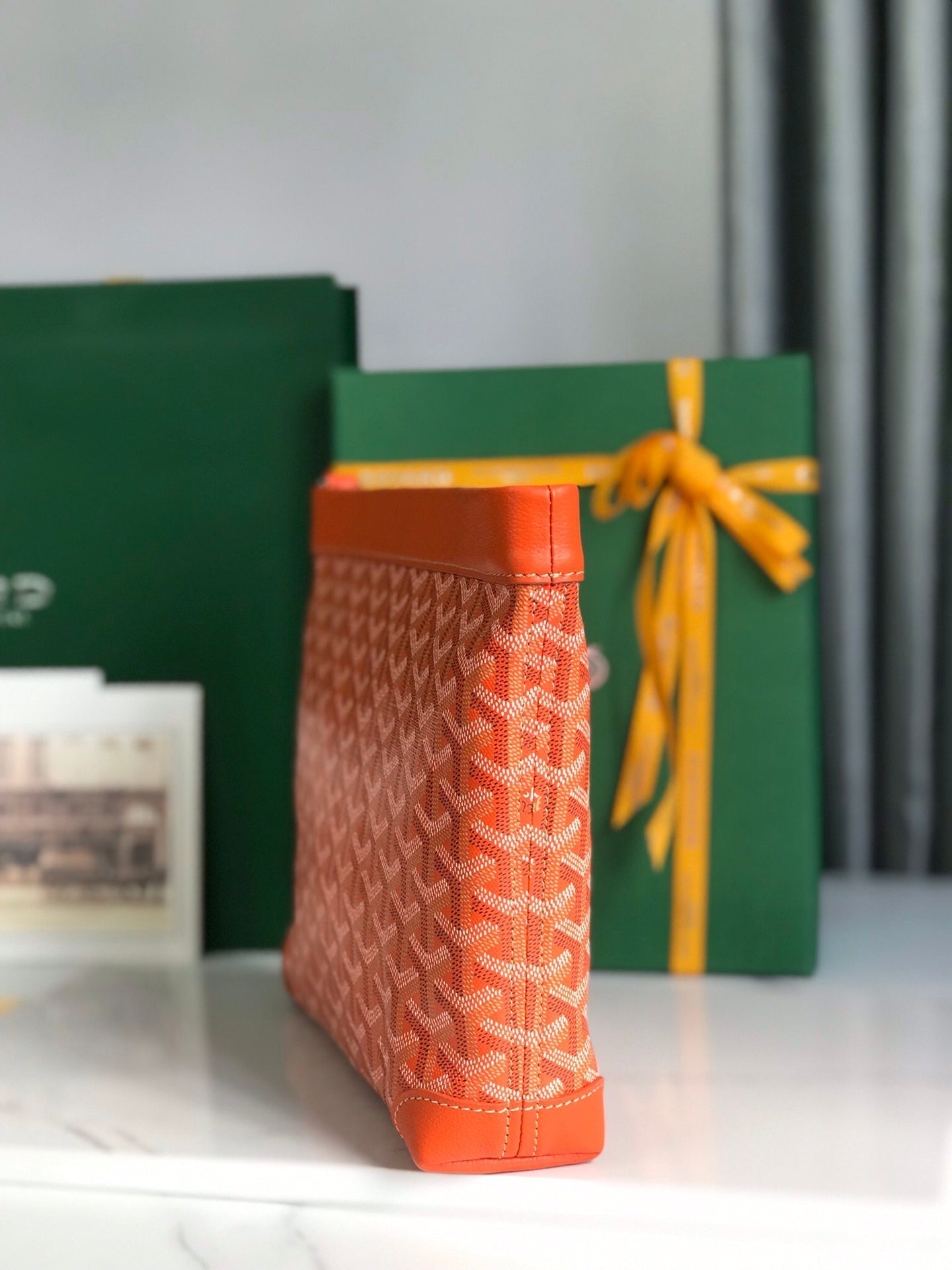 GOYARD CONTI POUCH 24 IN ORANGE LAMBSKIN AND GOYARDINE CANVAS