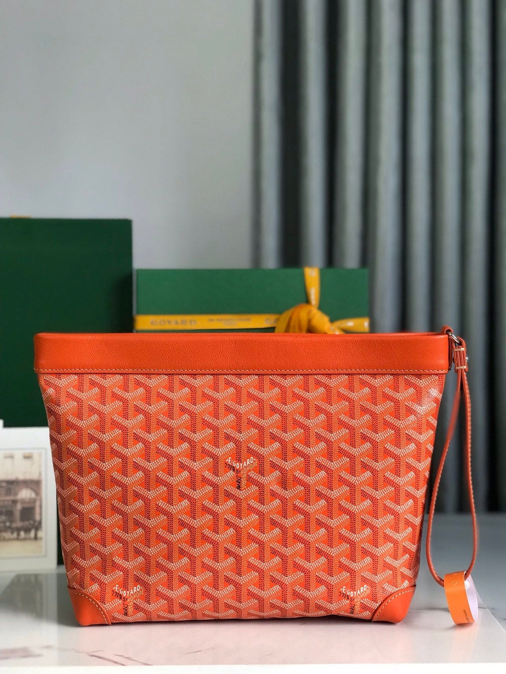 GOYARD CONTI POUCH 24 IN ORANGE LAMBSKIN AND GOYARDINE CANVAS