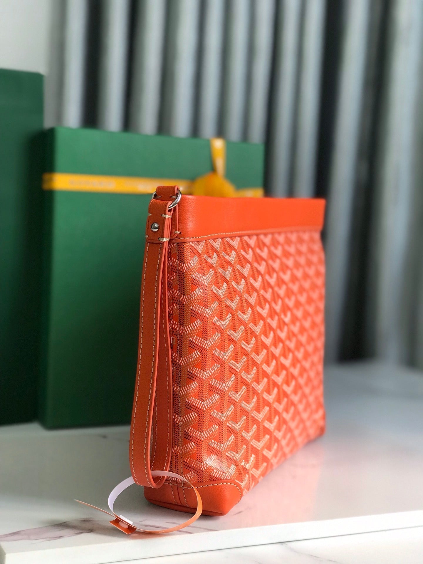 GOYARD CONTI POUCH 24 IN ORANGE LAMBSKIN AND GOYARDINE CANVAS