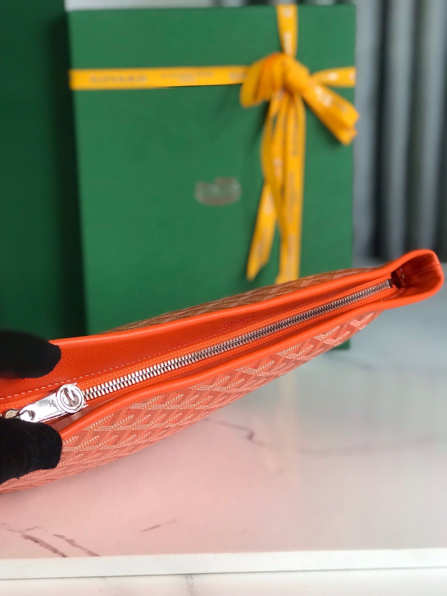 GOYARD CONTI POUCH 24 IN ORANGE LAMBSKIN AND GOYARDINE CANVAS