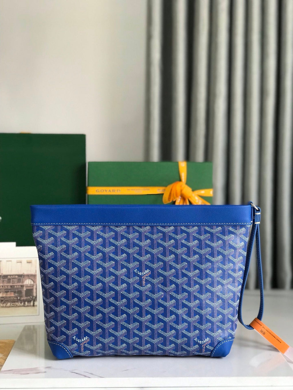 GOYARD CONTI POUCH 24 IN SAPPHIRE BLUE LAMBSKIN AND GOYARDINE CANVAS