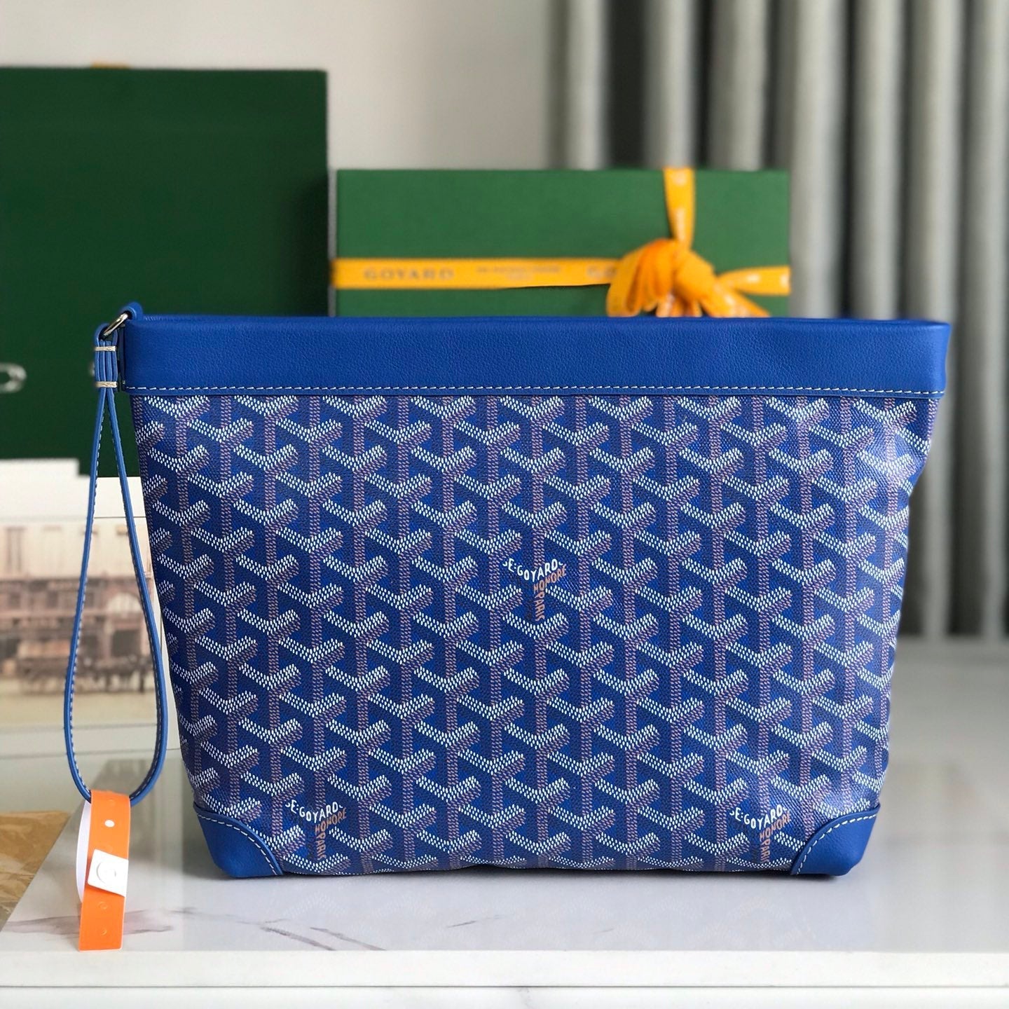 GOYARD CONTI POUCH 24 IN SAPPHIRE BLUE LAMBSKIN AND GOYARDINE CANVAS