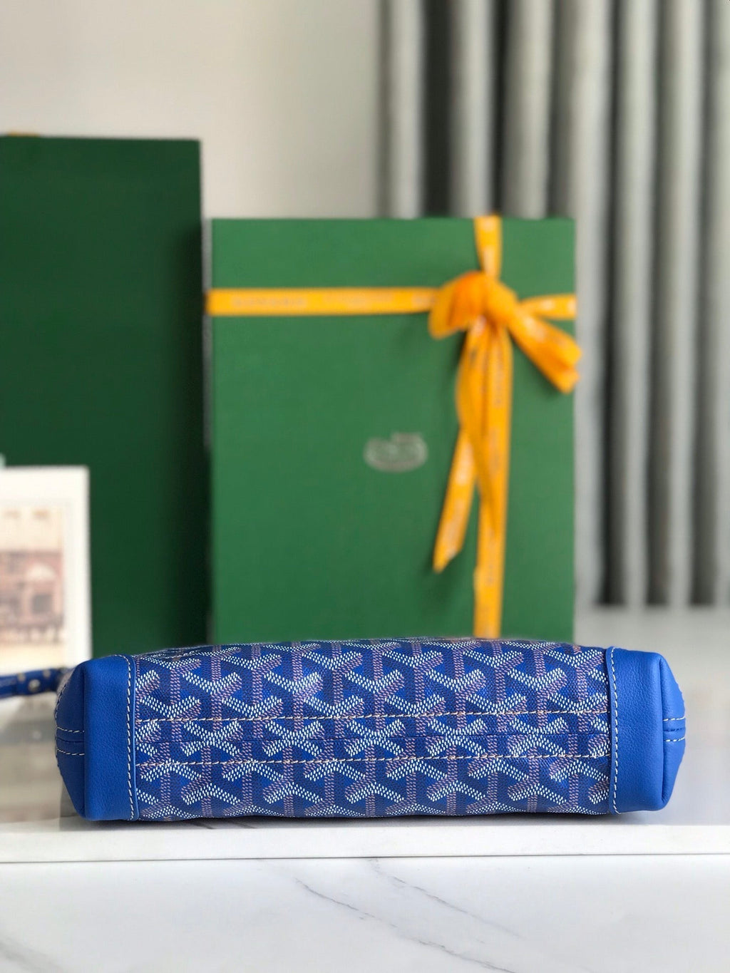 GOYARD CONTI POUCH 24 IN SAPPHIRE BLUE LAMBSKIN AND GOYARDINE CANVAS