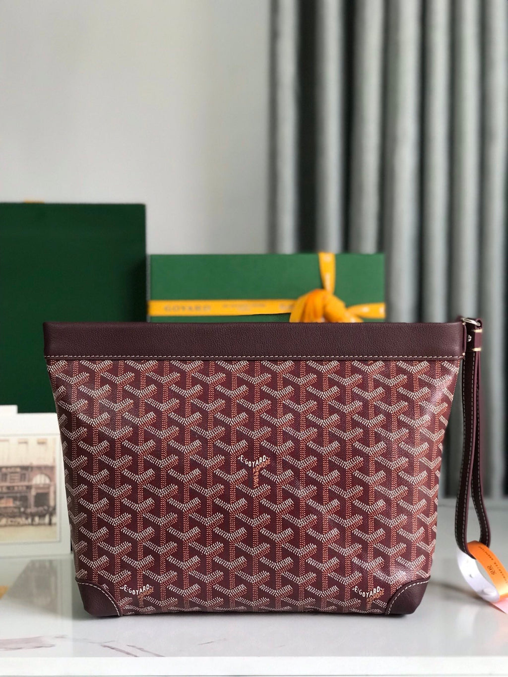 GOYARD CONTI POUCH 24 IN WINE RED LAMBSKIN AND GOYARDINE CANVAS