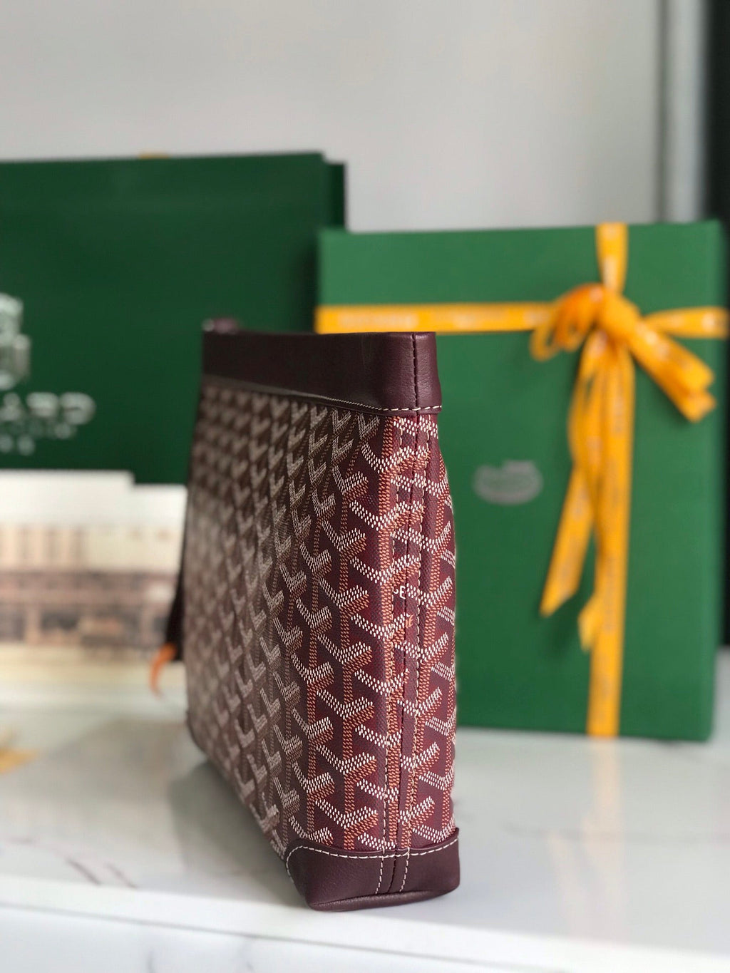 GOYARD CONTI POUCH 24 IN WINE RED LAMBSKIN AND GOYARDINE CANVAS