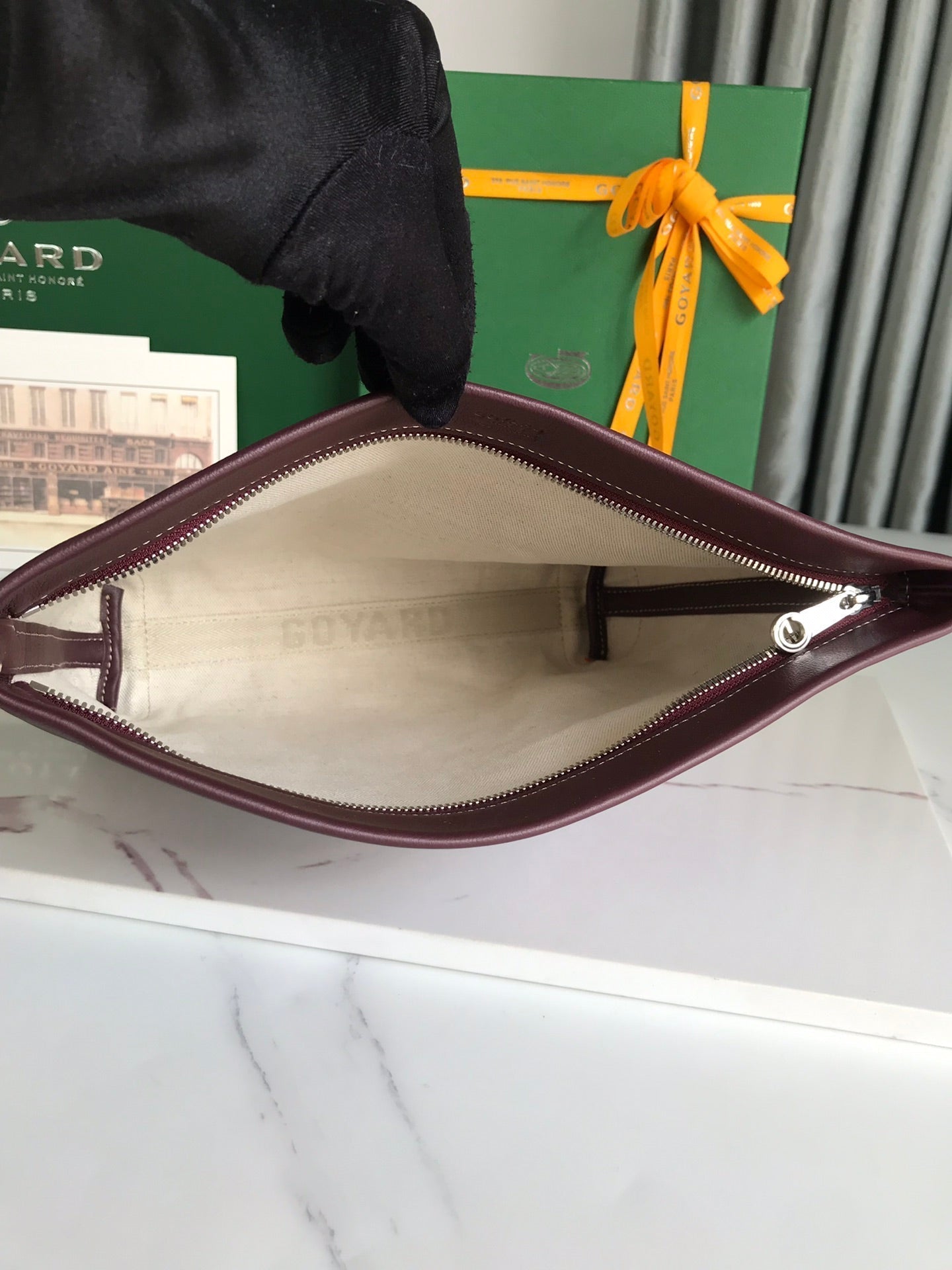 GOYARD CONTI POUCH 24 IN WINE RED LAMBSKIN AND GOYARDINE CANVAS