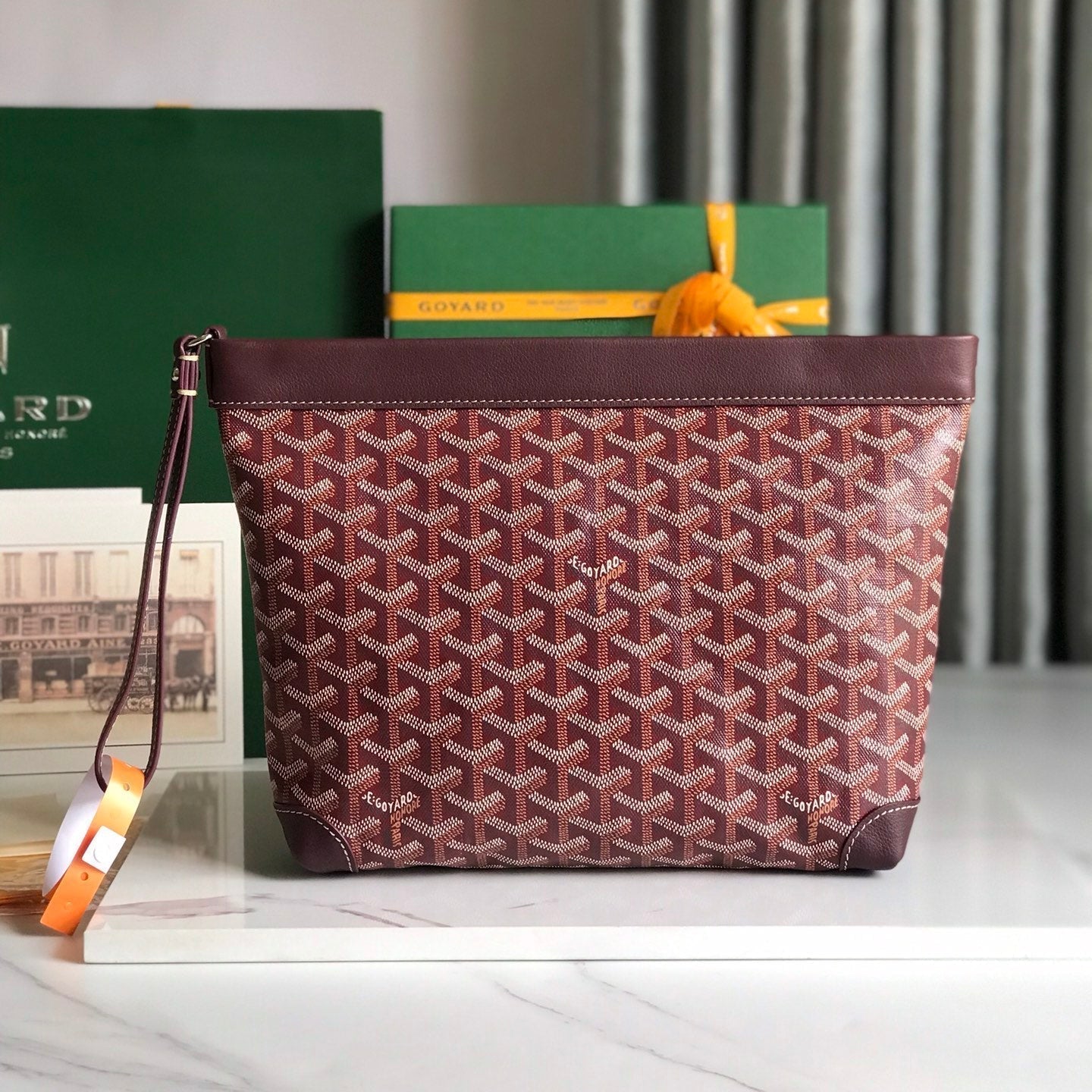 GOYARD CONTI POUCH 24 IN WINE RED LAMBSKIN AND GOYARDINE CANVAS