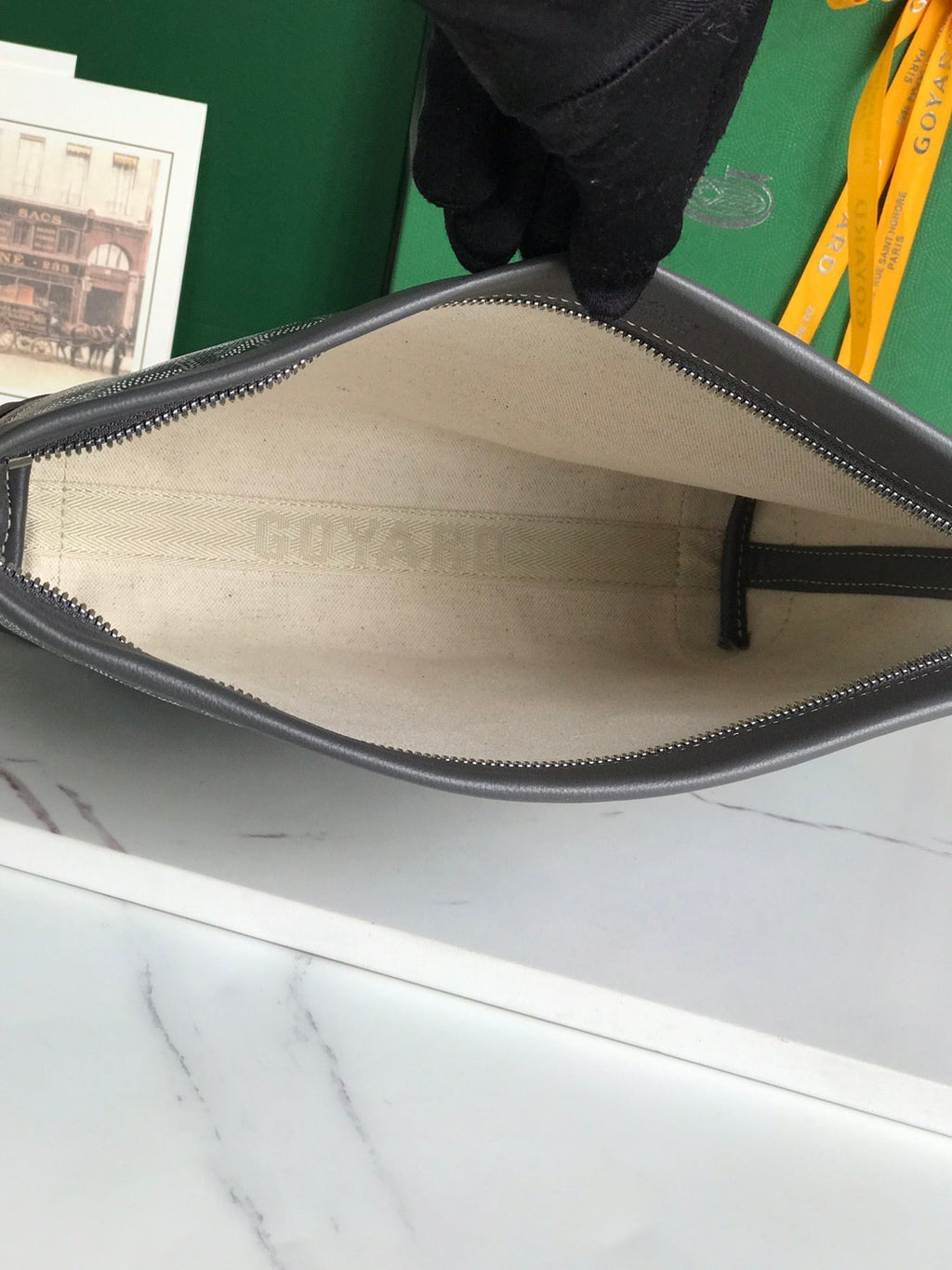 GOYARD CONTI POUCH 24 IN GREY BLACK LAMBSKIN AND GOYARDINE CANVAS