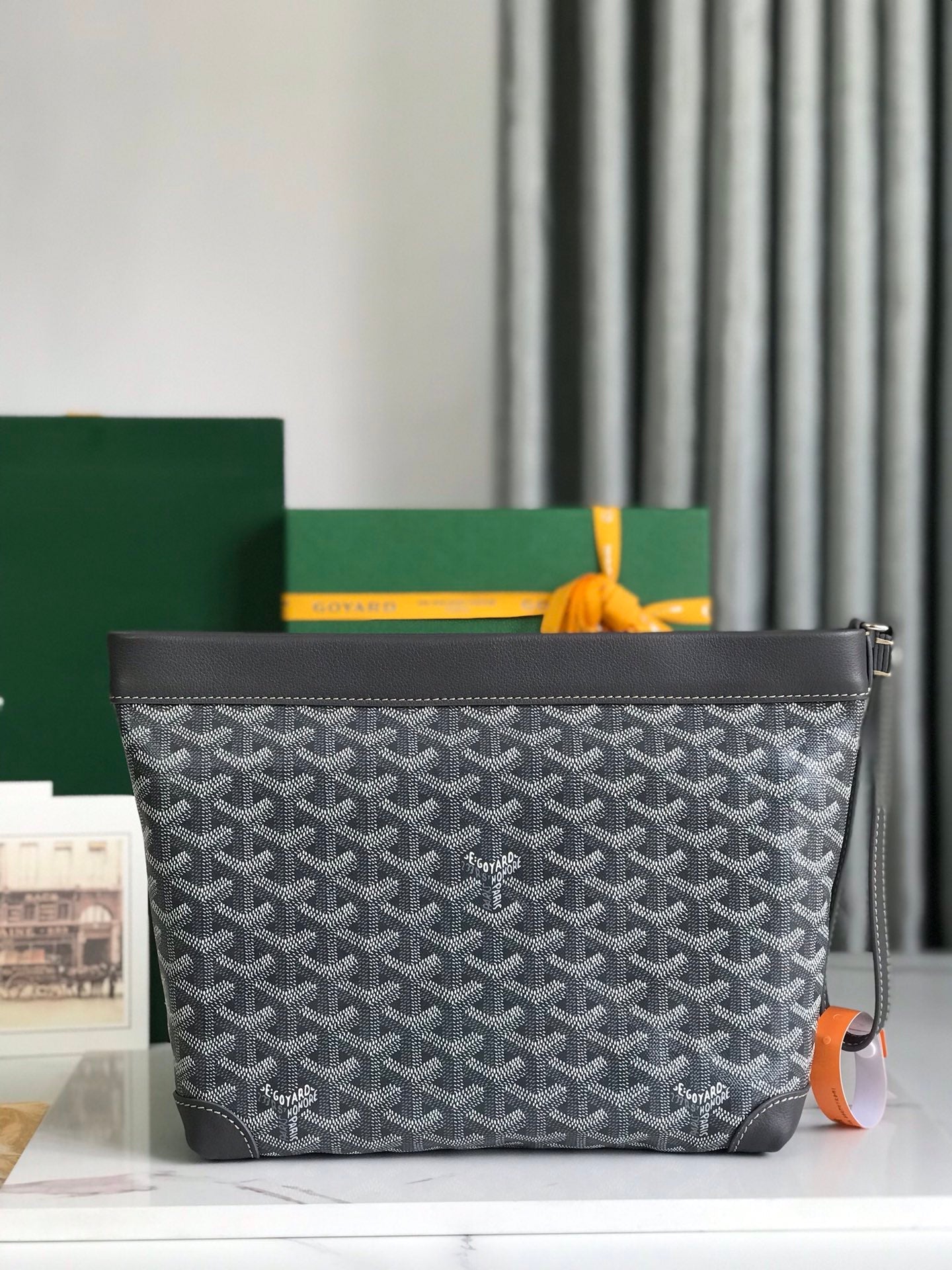 GOYARD CONTI POUCH 24 IN GREY BLACK LAMBSKIN AND GOYARDINE CANVAS
