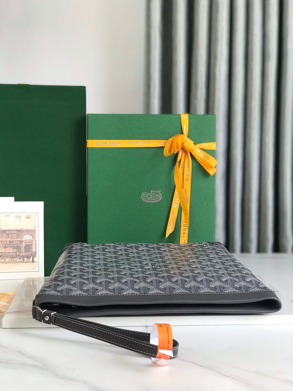 GOYARD CONTI POUCH 24 IN GREY BLACK LAMBSKIN AND GOYARDINE CANVAS